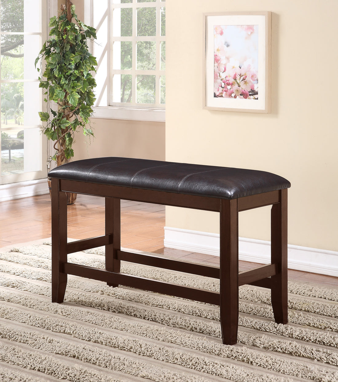 Farmhouse Style 1Pc Brown Espresso Counter Height Bench Footrest Faux Leather Upholstered Seat Wooden Furniture Espresso Faux Leather Dining Room Rectangular Brown Contemporary,Transitional Wood