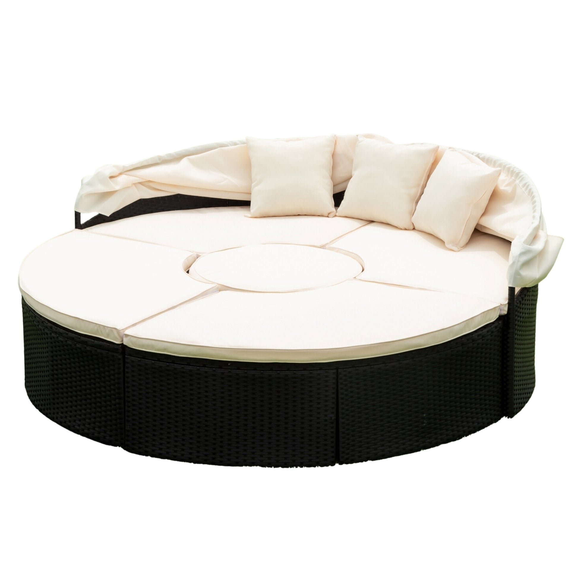 Outdoor Patio Round Daybed With Retractable Canopy Rattan Wicker Furniture Sectional Seating Set Black Wicker Creme Cushion Yes Complete Patio Set Beige Black Rust Resistant Frame Mildew Resistant Cushion Garden & Outdoor Modern Complete Patio Sets Fiber