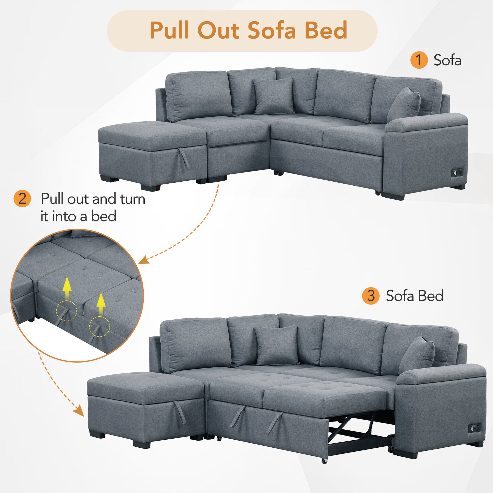 Sleeper Sectional Sofa, L Shape Corner Couch Sofa Bed With Storage Ottoman & Hidden Arm Storage & Usb Charge For Living Room Apartment, Dark Gray Dark Gray Linen 4 Seat