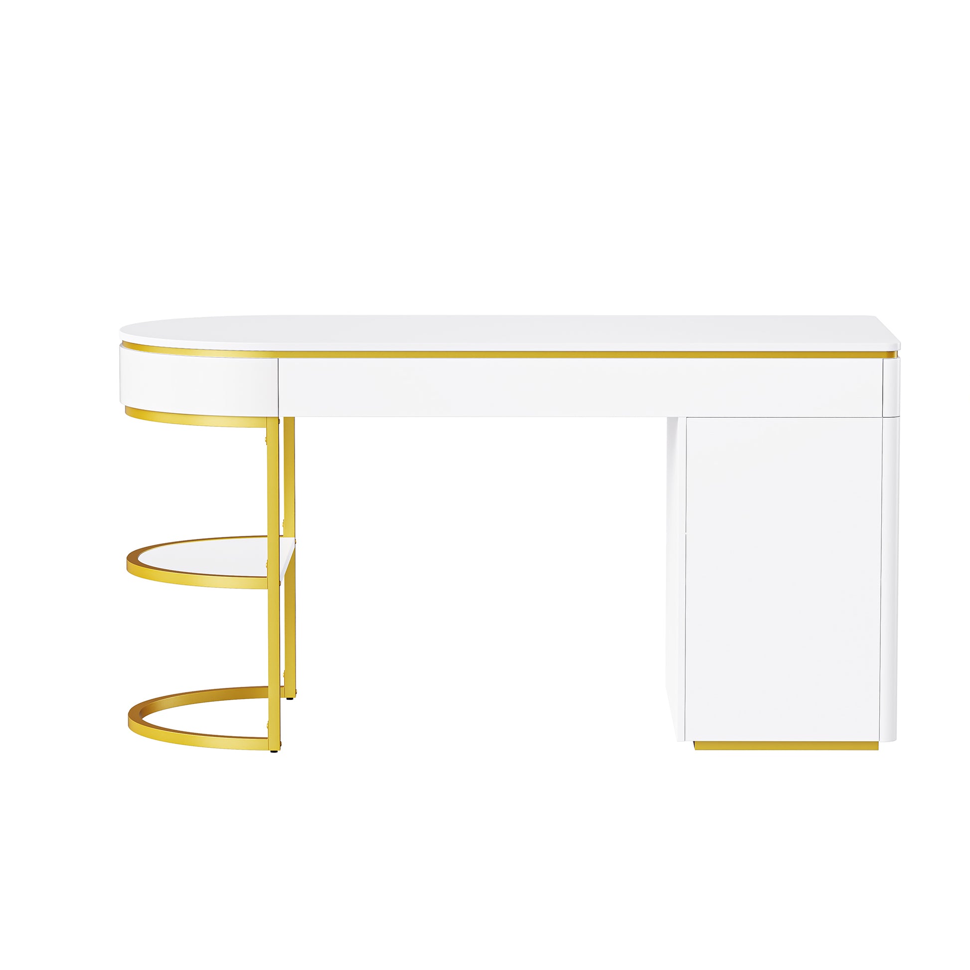 60''Modern Executive Desk,White Curved Computer Desk With Gold Metal Legs,3 Drawers Home Office Desk,Writing Desk With 1 Storage Cabinet For Home Office,Living Room,Gold White Gold White Mdf