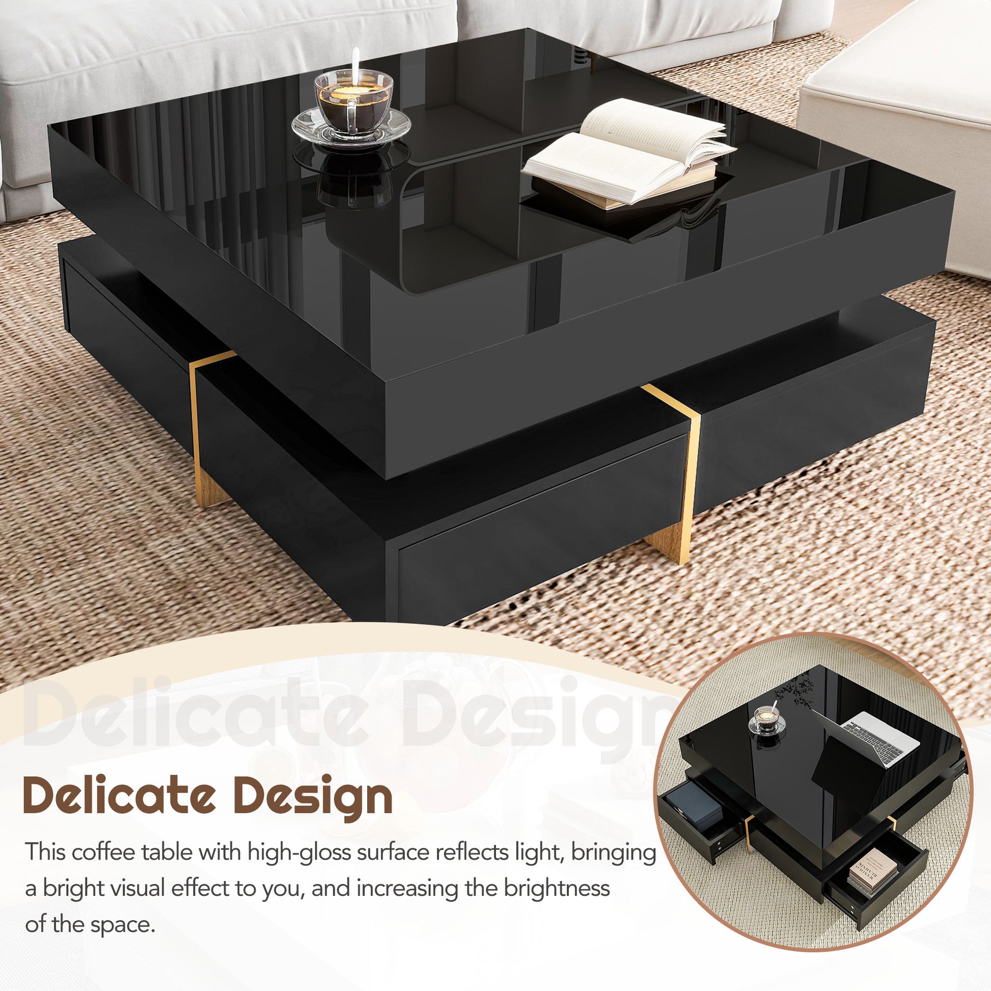 Modern High Gloss Coffee Table With 4 Drawers, Multi Storage Square Cocktail Tea Table With Wood Grain Legs, Center Table For Living Room, 31.5''X31.5'', Black Black Primary Living Space Drawers Particle Board