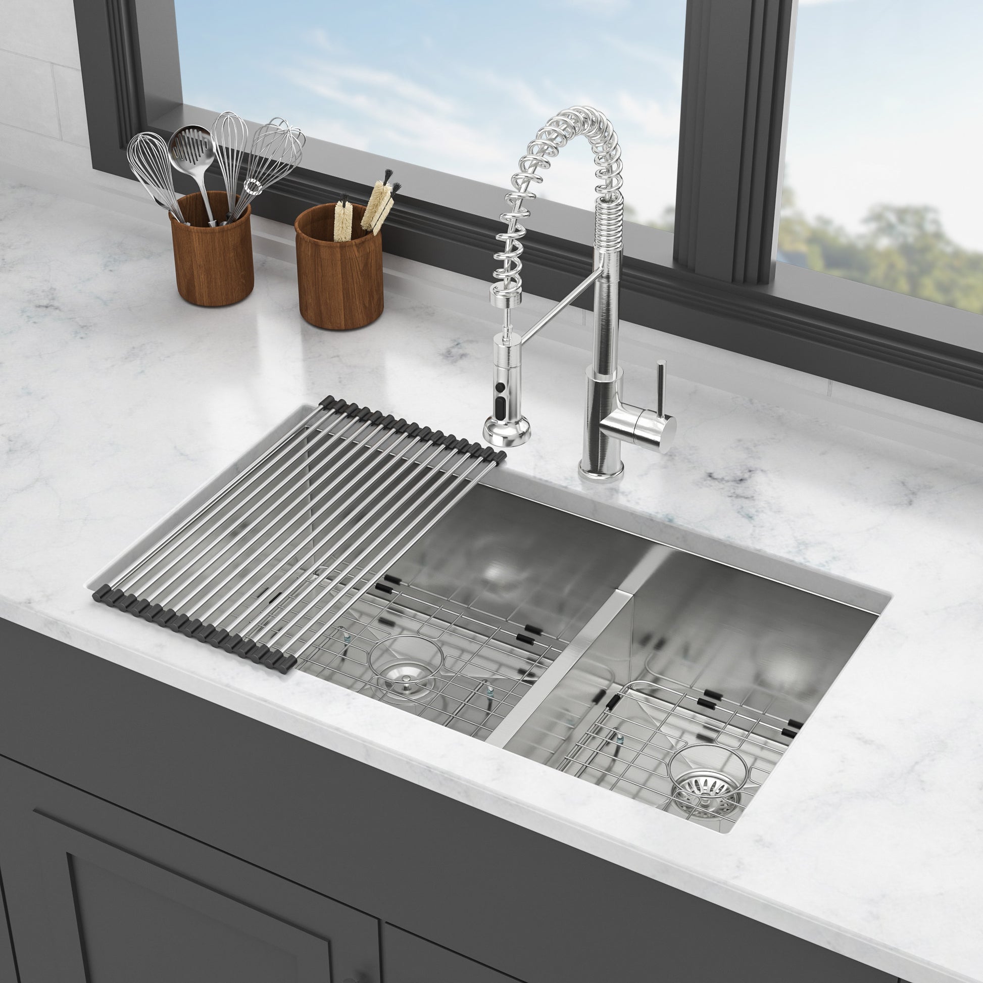 33X19X10" Undermount Double Bowl 60 40 Kitchen Sink 16 Gauge With Two 10" Deep Basin Brushed Nickel Stainless Steel