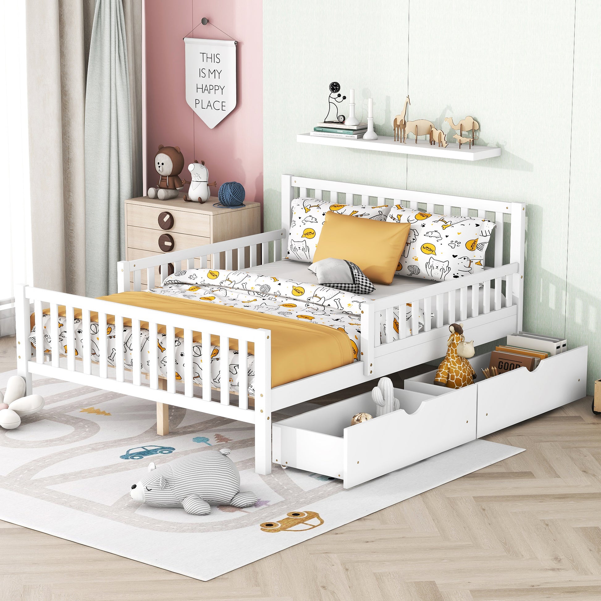 Full Size Wood Platform Bed With Guardrails On Both Sides And Two Storage Drawers ,White Full White Wood