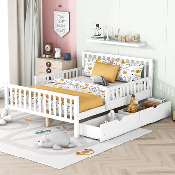 Full Size Wood Platform Bed With Guardrails On Both Sides And Two Storage Drawers ,White Full White Wood