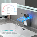 Bathroom Sink Faucet Led Light 3 Colors Changing Waterfall Glass Spout Hot Cold Water Mixer Single Handle One Hole Deck Mounted Bathroom Faucet Black Lavatory Vanity Basin Bath Plumbing Fixtures Bathroom Knob Handles Geometric One Chrome Side Sprayer