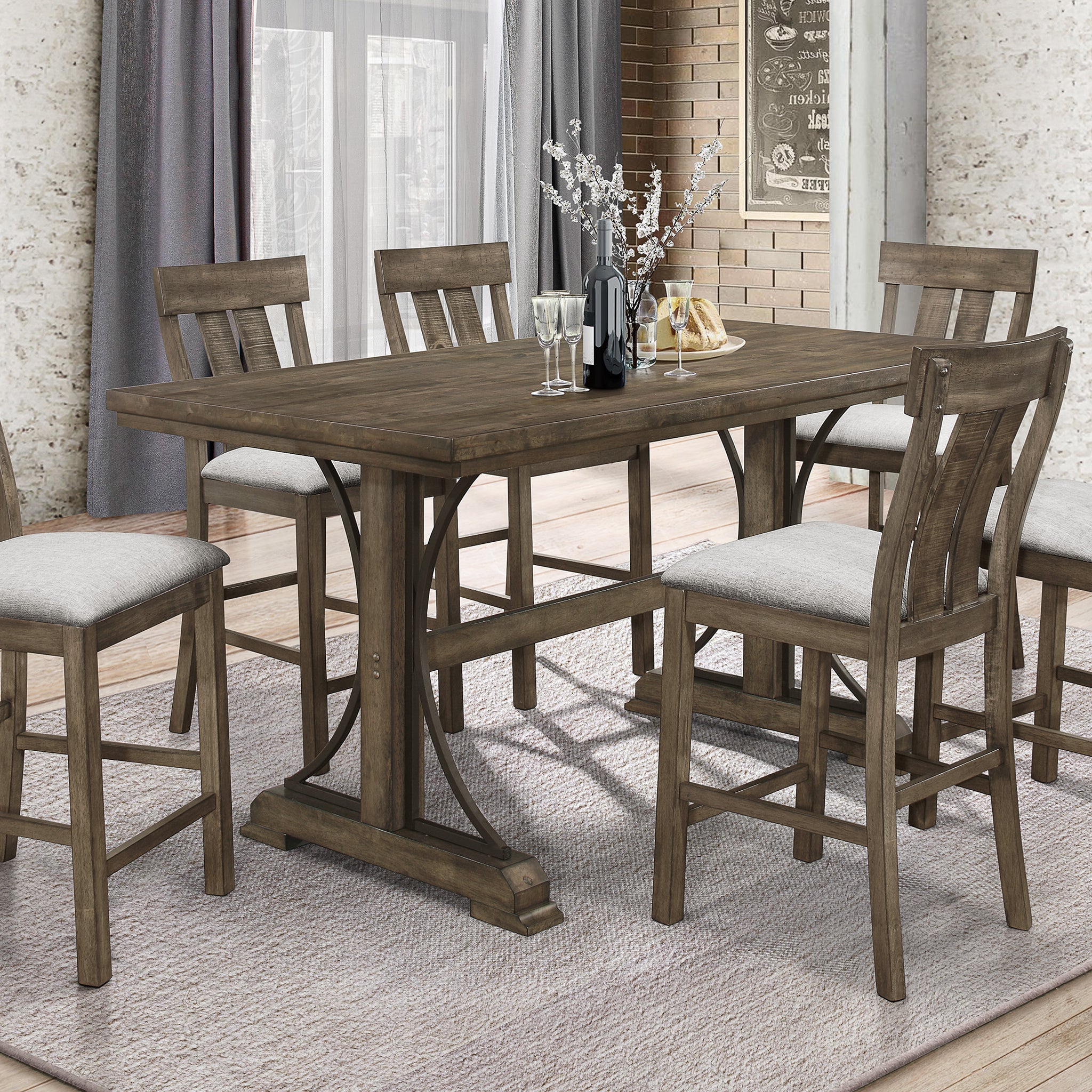 7Pc Counter Height Dining Set Rustic Light Brown Finish Trestle Base Curved Metal Accents Upholstered Seats Chairs Wooden Dining Room Furniture Wood Wood Antique Brown Seats 6 Wood Dining Room Fixed Table Contemporary,Transitional Rectangular Trestle