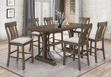 7Pc Counter Height Dining Set Rustic Light Brown Finish Trestle Base Curved Metal Accents Upholstered Seats Chairs Wooden Dining Room Furniture Wood Wood Antique Brown Seats 6 Wood Dining Room Fixed Table Contemporary,Transitional Rectangular Trestle