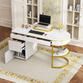 60''Modern Executive Desk,White Curved Computer Desk With Gold Metal Legs,3 Drawers Home Office Desk,Writing Desk With 1 Storage Cabinet For Home Office,Living Room,Gold White Gold White Mdf