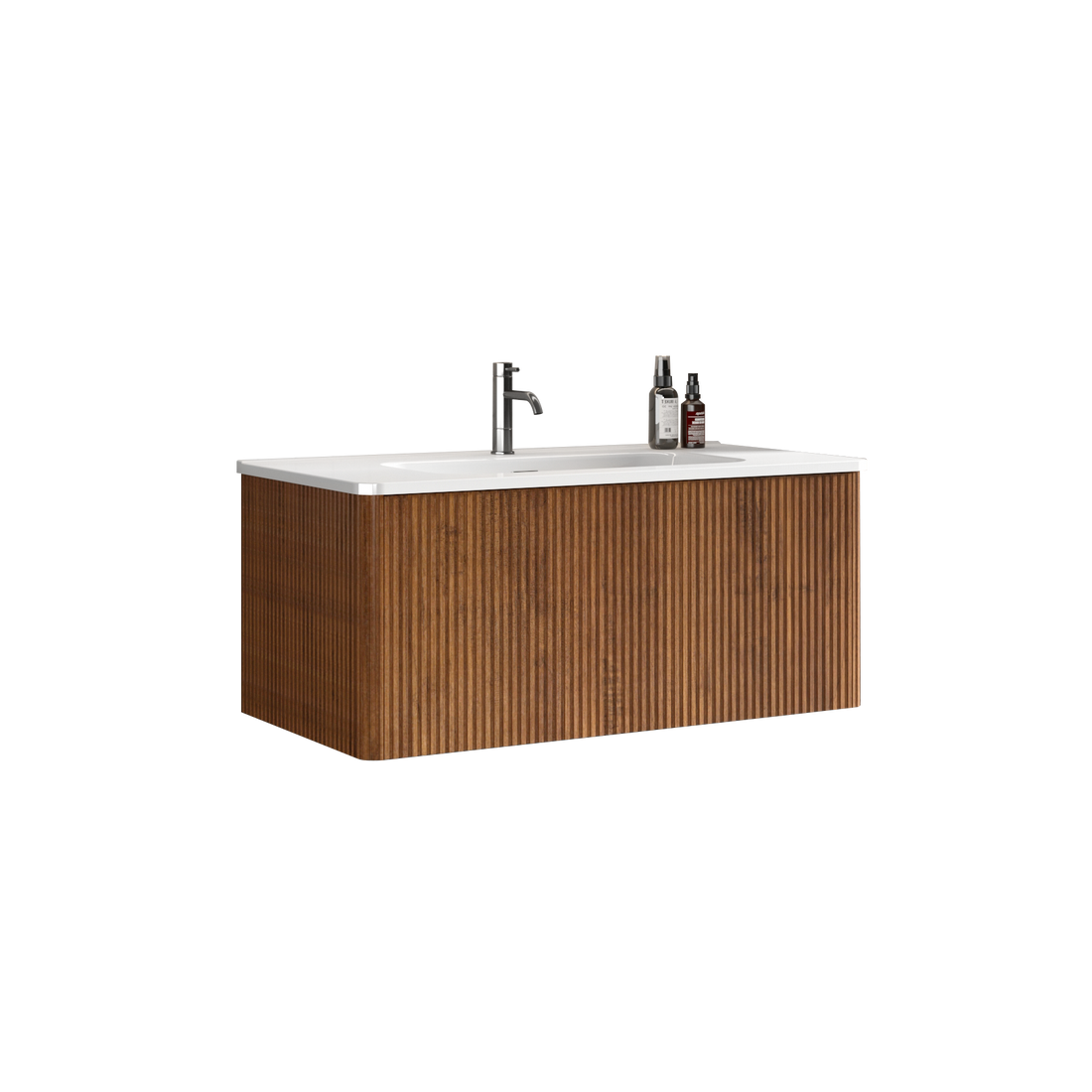 U048 Etna36W 305 Etna 36" Striped Walnut Bathroom Vanity With White Ceramic Sink, Wall Mounted Floating Bathroom Vanity For Modern Bathroom, Pre Assembled White Walnut Melamine