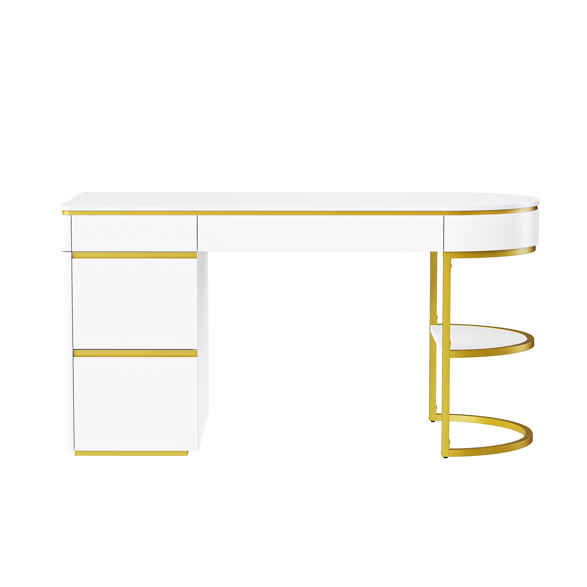 60''Modern Executive Desk,White Curved Computer Desk With Gold Metal Legs,3 Drawers Home Office Desk,Writing Desk With 1 Storage Cabinet For Home Office,Living Room,Gold White Gold White Mdf