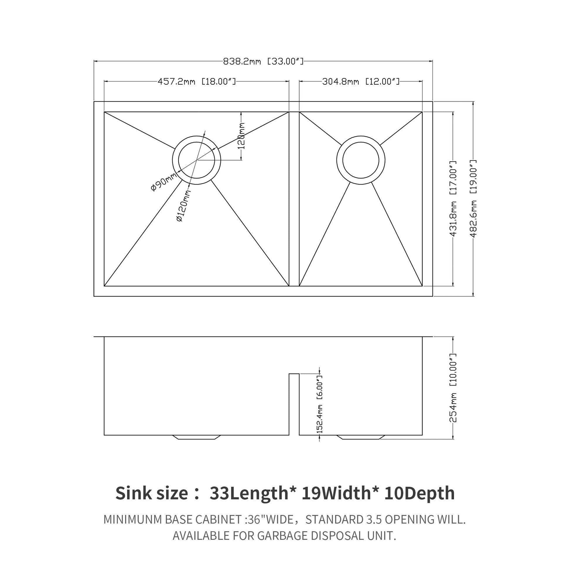 33X19X10" Undermount Double Bowl 60 40 Kitchen Sink 16 Gauge With Two 10" Deep Basin Brushed Nickel Stainless Steel