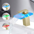 Bathroom Sink Faucet Led Light 3 Colors Changing Waterfall Glass Spout Hot Cold Water Mixer Single Handle One Hole Deck Mounted Bathroom Faucet Black Lavatory Vanity Basin Bath Plumbing Fixtures Bathroom Knob Handles Geometric One Brushed Gold Side