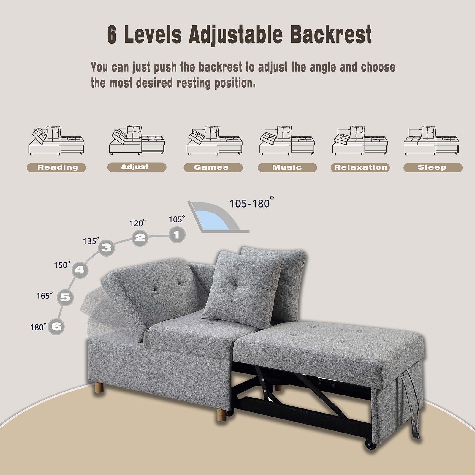 4 In 1 Convertible Sofas & Couches, Single Extendable Sofa With 6 Position Adjustable Back, Sofa Bed With 2 Pillows, Light Gray Light Gray Linen Armless Wood Fabric 1 Seat