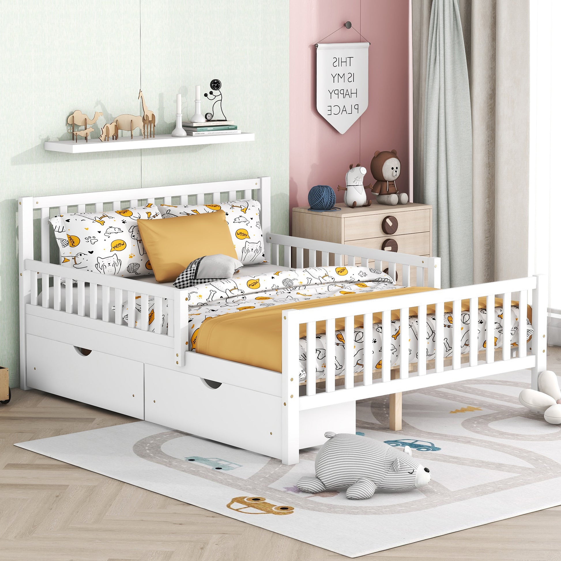 Full Size Wood Platform Bed With Guardrails On Both Sides And Two Storage Drawers ,White Full White Wood