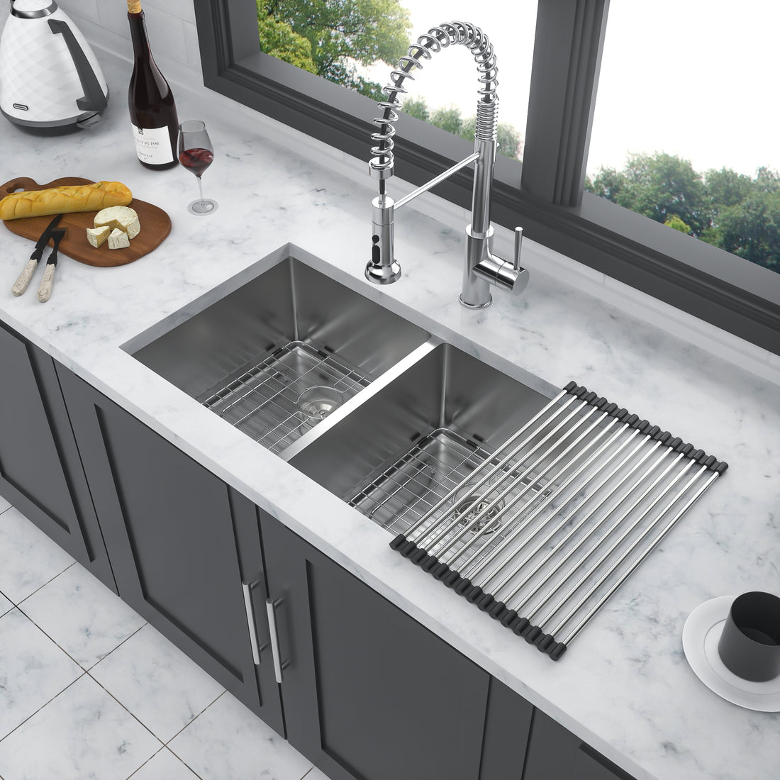 Double Bowl 50 50 Undermount Sink 28"X19" Double Bowl Kitchen Sink 16 Gauge With Two 10" Deep Basin Brushed Nickel Stainless Steel