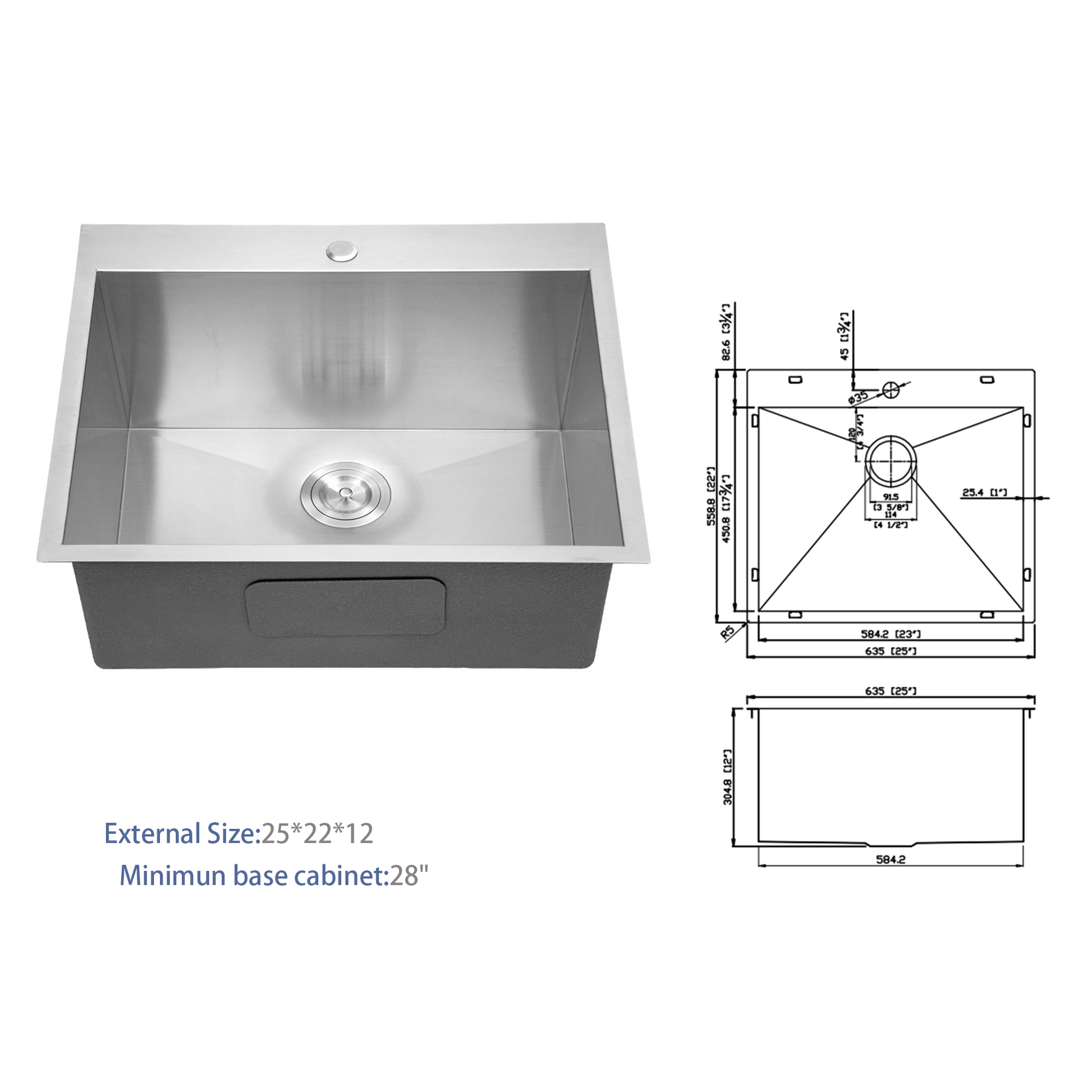 Laundry Sink 25X22X12" Drop In Laundry Sink Brushed Nickel Stainless Steel