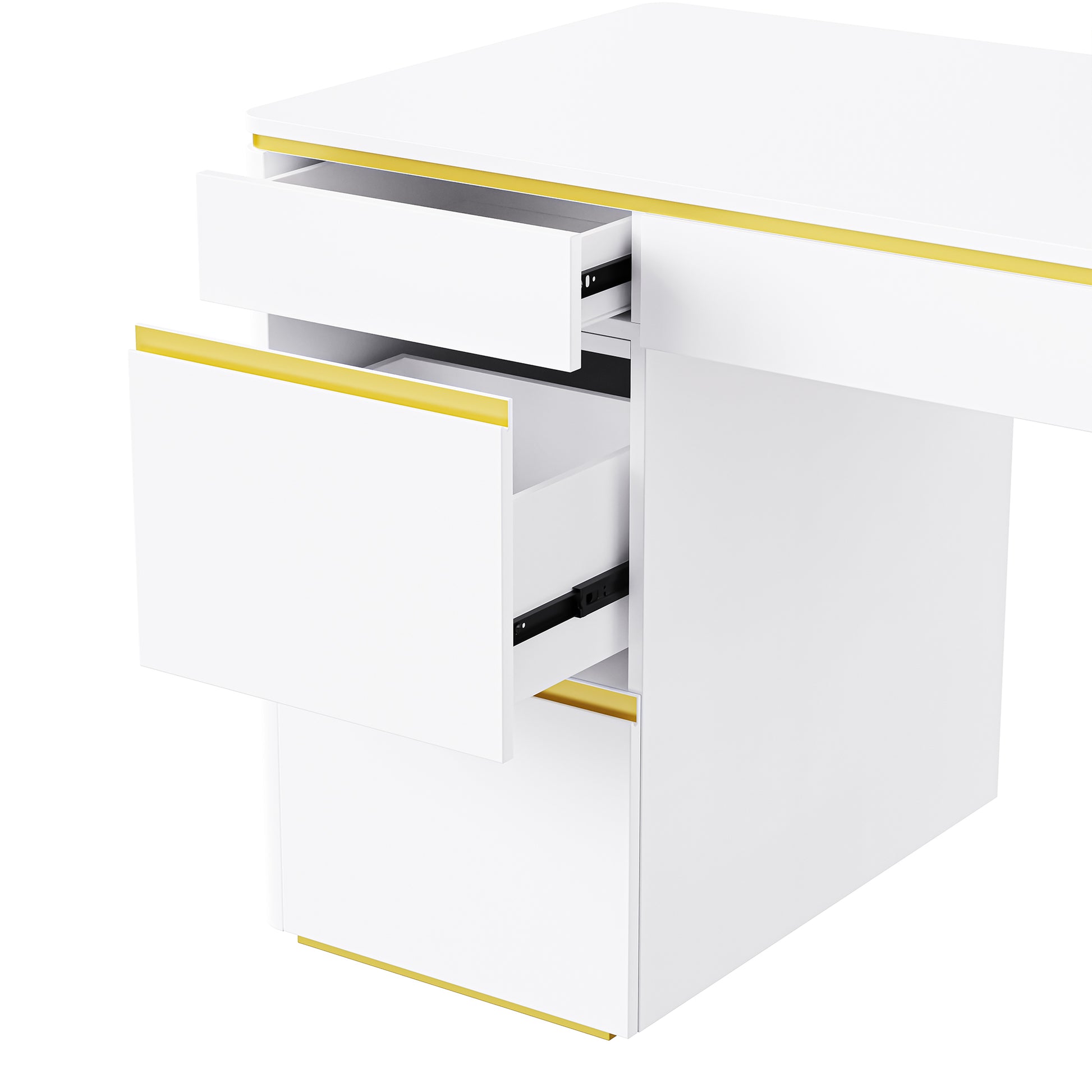 60''Modern Executive Desk,White Curved Computer Desk With Gold Metal Legs,3 Drawers Home Office Desk,Writing Desk With 1 Storage Cabinet For Home Office,Living Room,Gold White Gold White Mdf