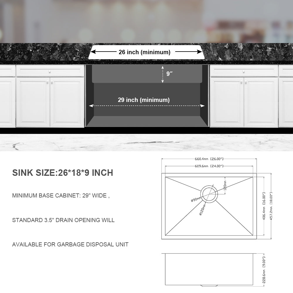 26 Inch Undermount Sink 26"X18"X9" Undermount Stainless Steel Kitchen Sink 18 Gauge 9 Inch Deep Single Bowl Kitchen Sink Basin Brushed Nickel Stainless Steel