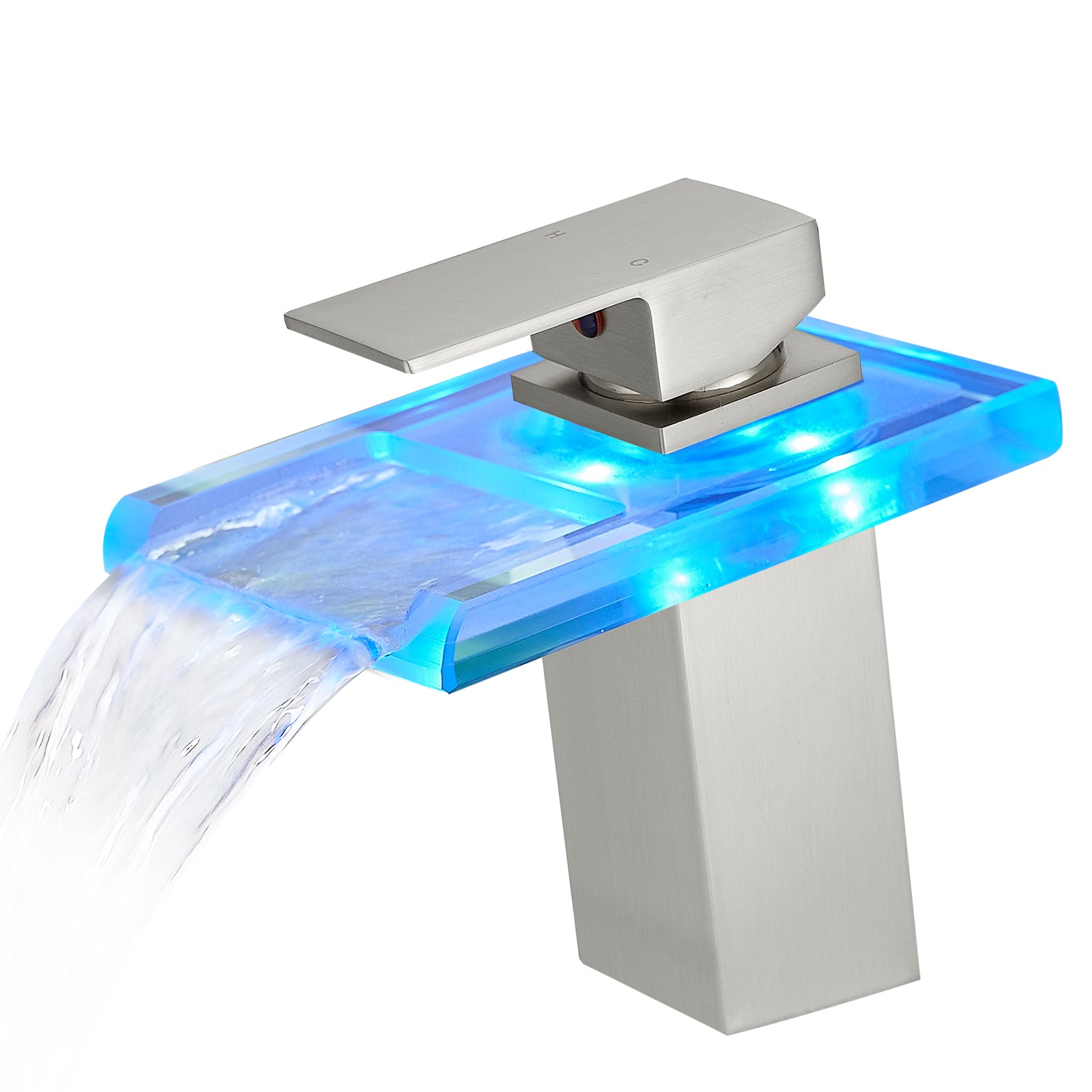 Bathroom Sink Faucet Led Light 3 Colors Changing Waterfall Glass Spout Hot Cold Water Mixer Single Handle One Hole Deck Mounted Bathroom Faucet Black Lavatory Vanity Basin Bath Plumbing Fixtures Bathroom Knob Handles Geometric One Brushed Nickel Side