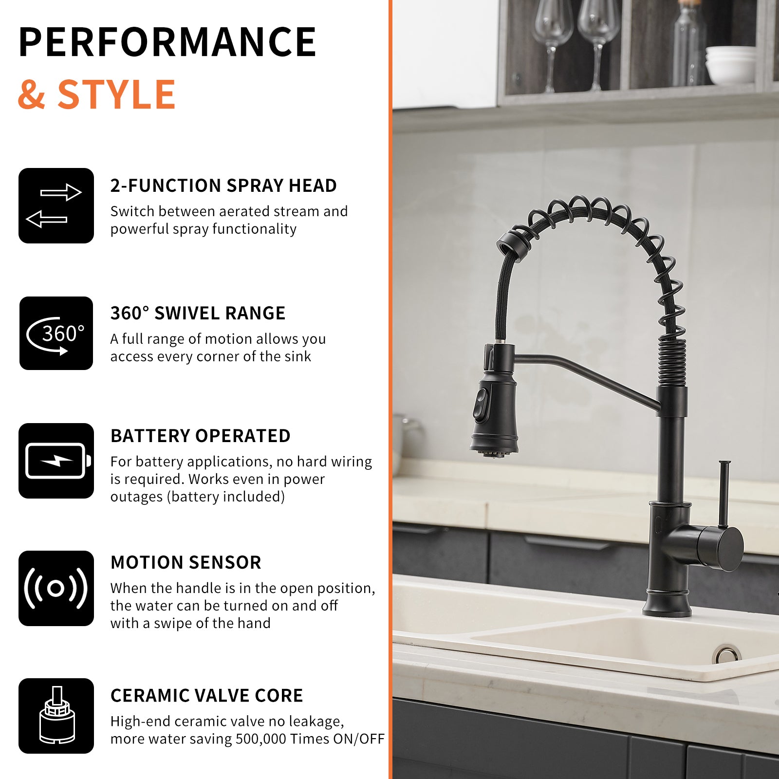 Touchless Kitchen Faucet,Hands Free Automatic Smart Kitchen Faucet Black Kitchen Contemporary Ceramic Brass