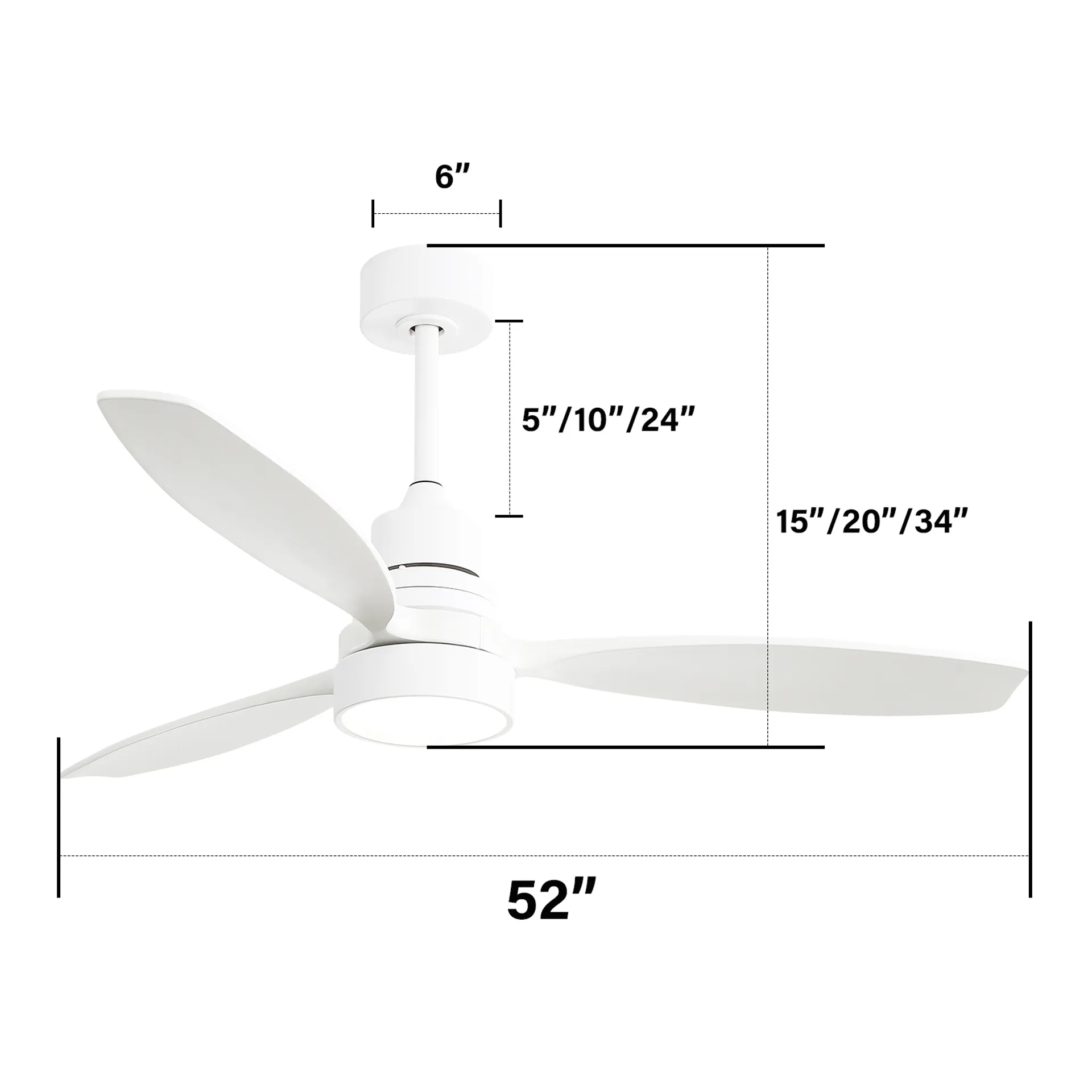 52 Inch Wooden White 3 Solid Wood Blades Remote Control Reversible Dc Motor With Led Light Matte White Metal & Wood