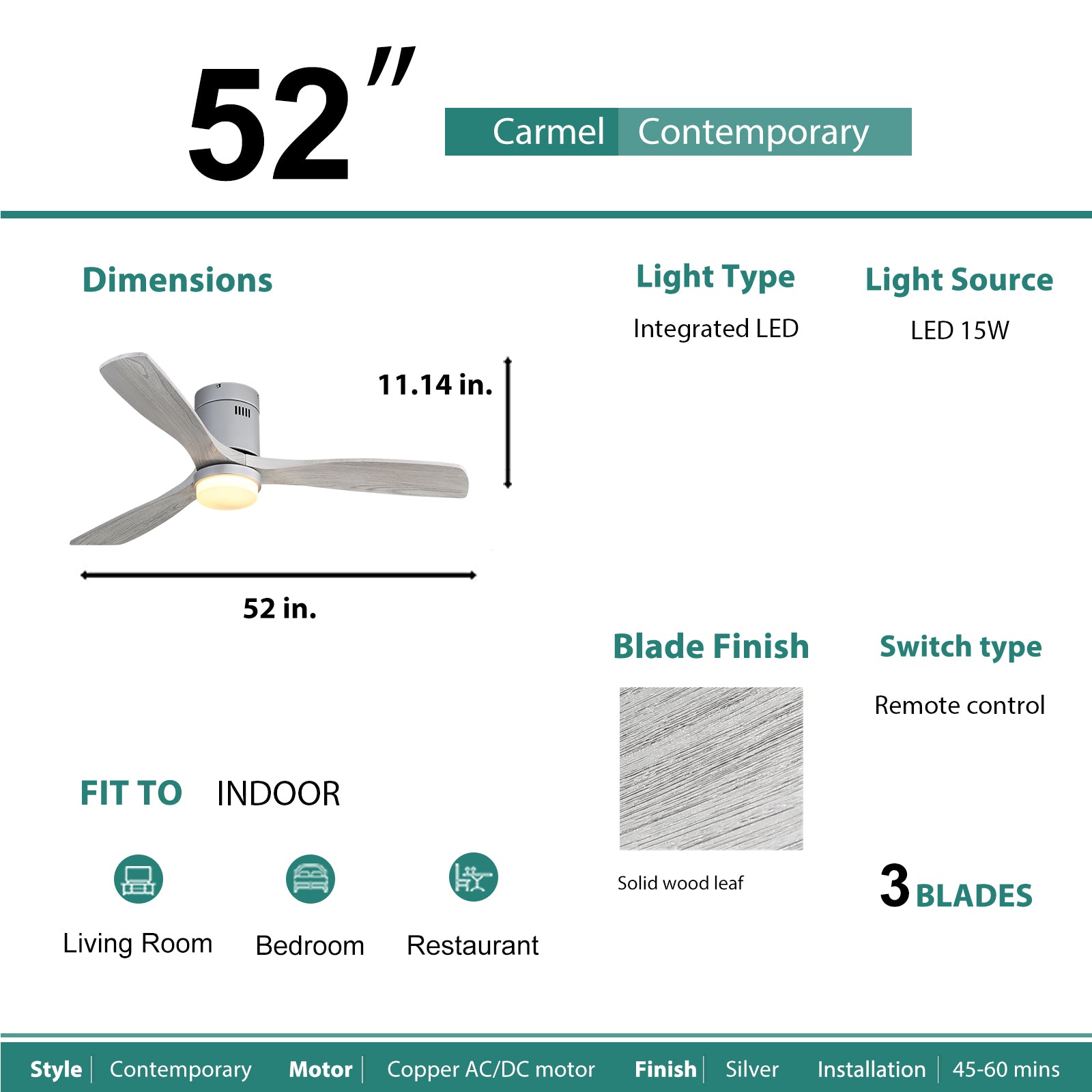 52 Inch Wooden With 18W Led Light 3 Solid Wood Blades Remote Control Reversible Dc Motor For Home Silver Metal & Wood