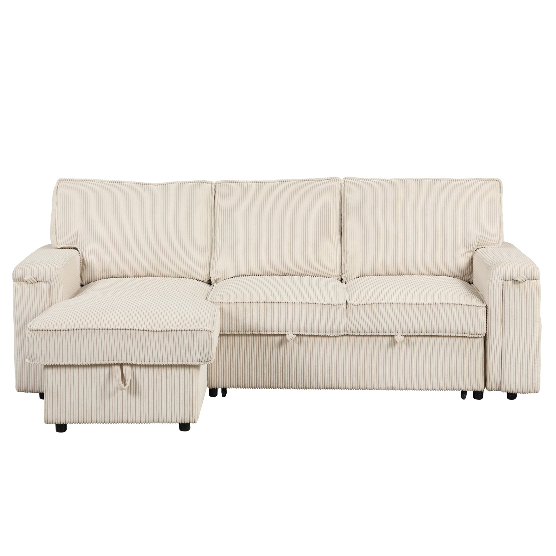 Upholstery Sleeper Sectional Sofa With Storage Bags And 2 Cup Holders On Arms Beige Wood Cushion Back Square Arms Polyester 3 Seat