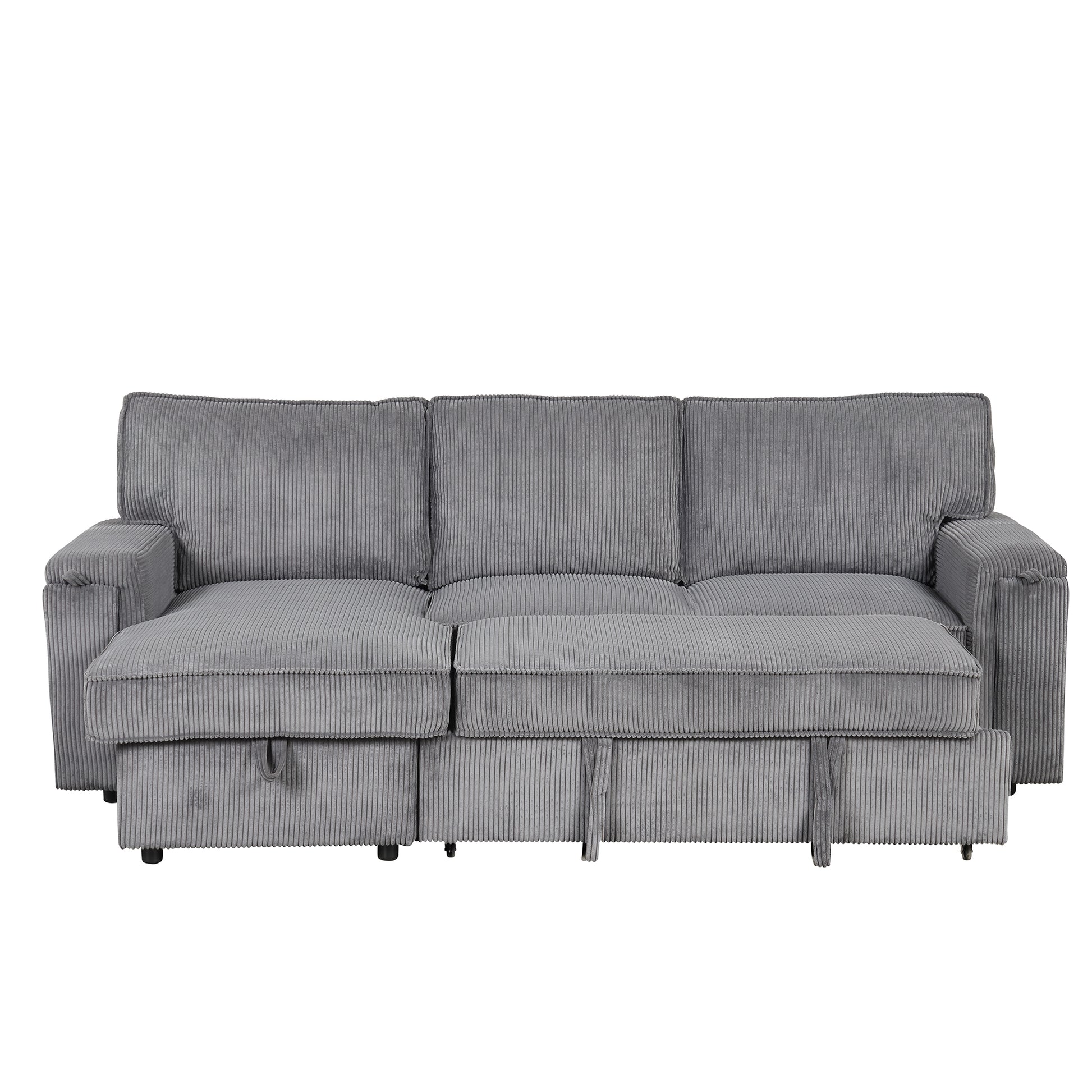 Upholstery Sleeper Sectional Sofa With Storage Bags And 2 Cup Holders On Arms Gray Wood Cushion Back Square Arms Polyester 3 Seat