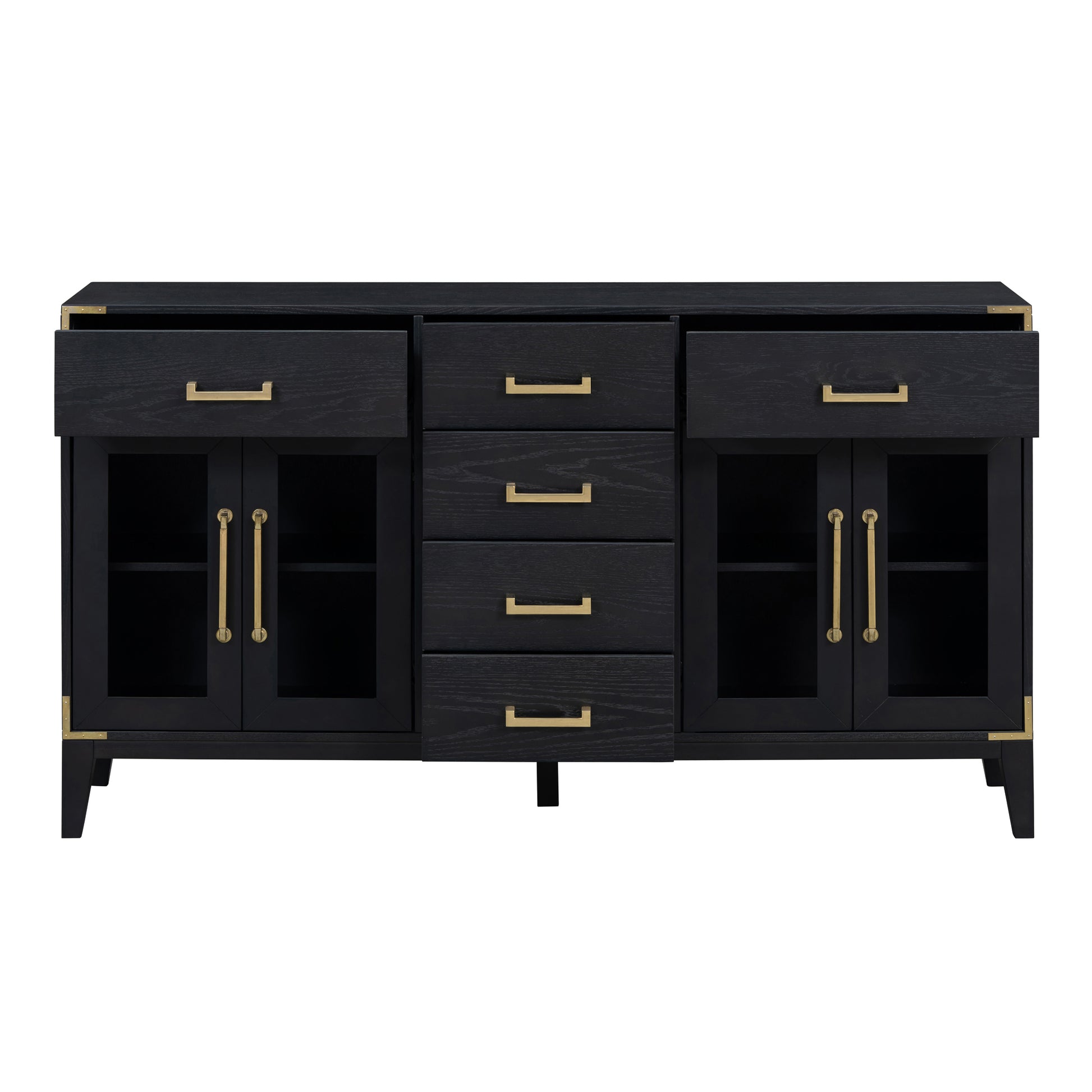 6 Drawer And 2 Cabinet Retro Sideboard With Extra Large Storage Space, With Gold Handles And Solid Wood Legs, For Kitchen And Living Room Black Black Solid Wood Mdf