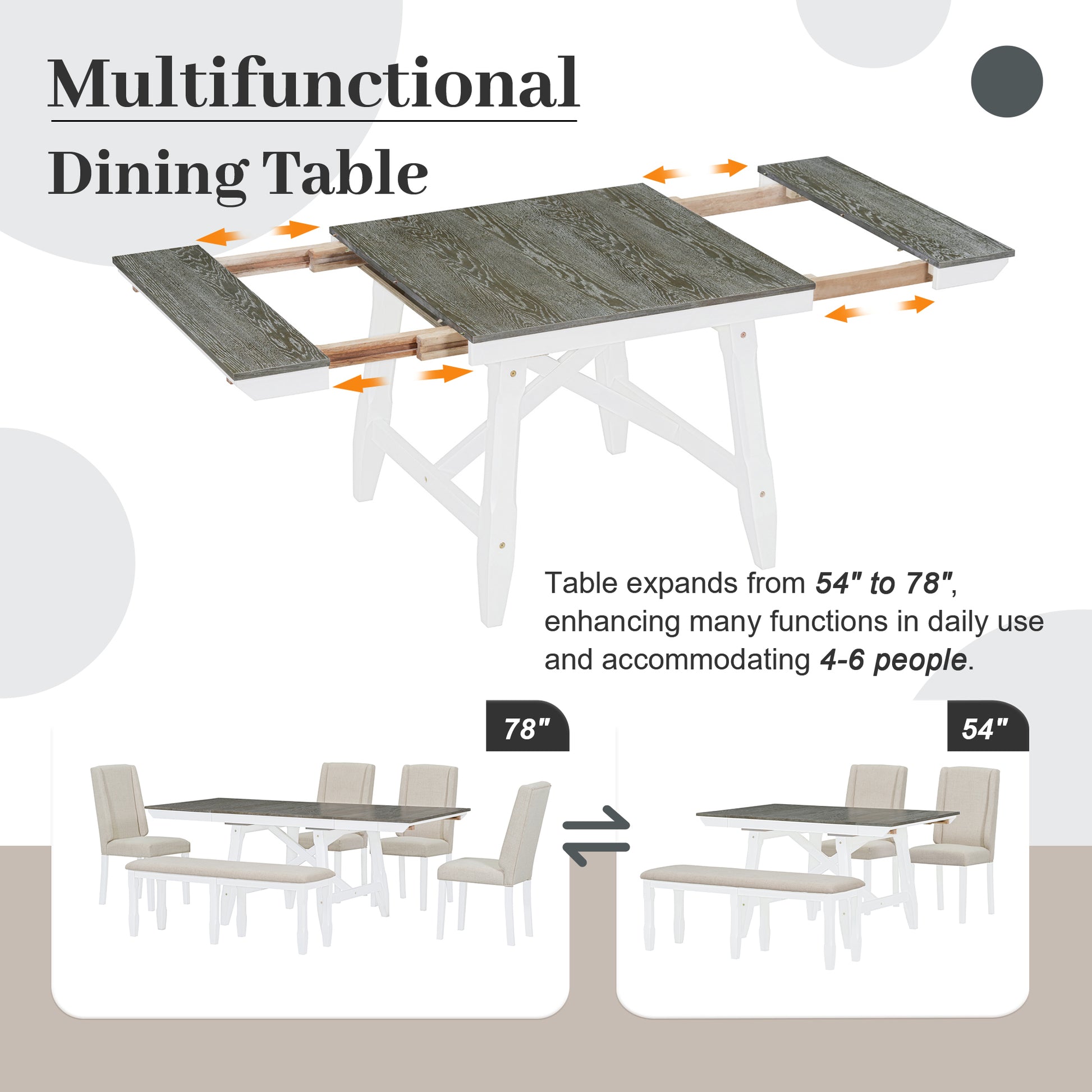 6 Piece Classic Dining Table Set, Rectangular Extendable Dining Table With Two 12"W Removable Leaves And 4 Upholstered Chairs & 1 Bench For Dining Room Brown White Brown White Solid Wood