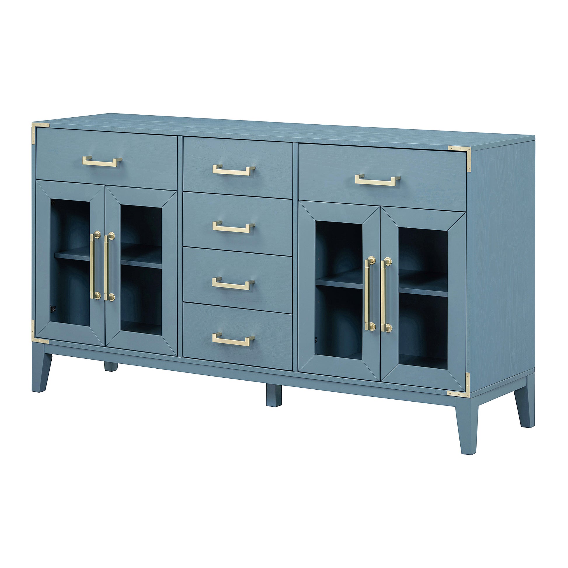 6 Drawer And 2 Cabinet Retro Sideboard With Extra Large Storage Space, With Gold Handles And Solid Wood Legs, For Kitchen And Living Room Antique Blue Antique Blue Solid Wood Mdf