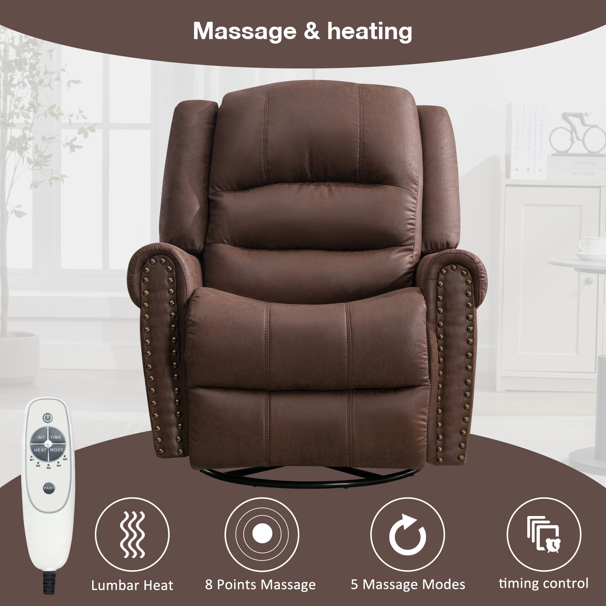 Massage Rocker Recliner Chair Rocking Chairs For Adults Oversized With Usb Charge Port Soft Features A Manual Massage And Heat.Brown Brown Faux Leather Manual Push Button Metal Soft Heavy Duty Square Arms Foam Metal & Wood