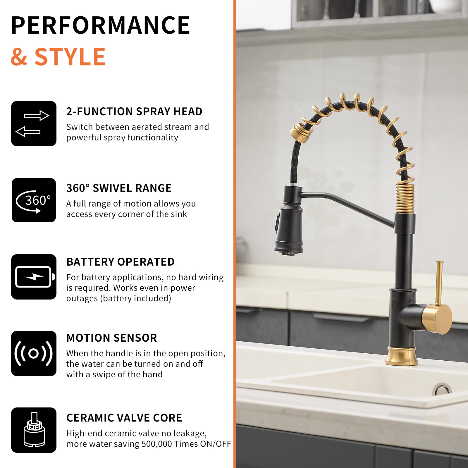 Touchless Kitchen Faucet,Hands Free Automatic Smart Kitchen Faucet Black Gold Kitchen Contemporary Ceramic Brass