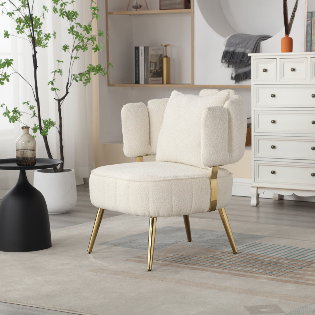 Coolmore Boucle Accent Chair Modern Upholstered Armchair Tufted Chair With Metal Frame, Single Leisure Chairs For Living Room Bedroom Beige Boucle