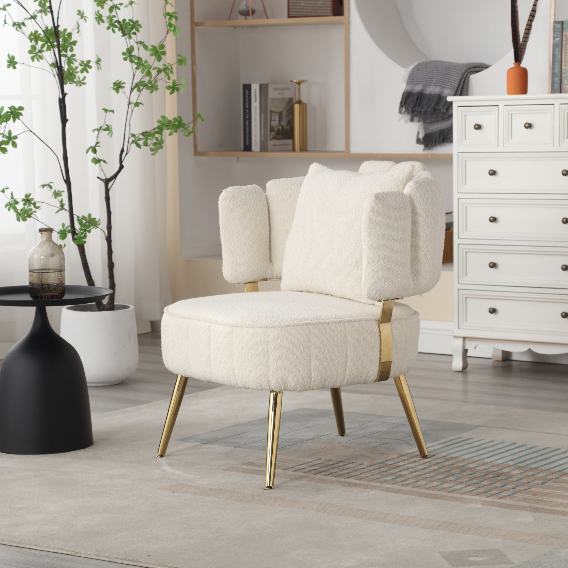 Coolmore Boucle Accent Chair Modern Upholstered Armchair Tufted Chair With Metal Frame, Single Leisure Chairs For Living Room Bedroom Beige Boucle