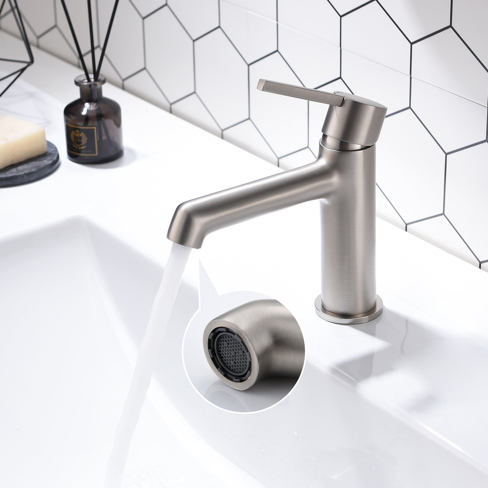 Brushed Nickel Bathroom Faucet For Sink 1 Hole, Bathroom Sink Faucet Single Handle, Modern Bathroom Basin Faucet Bathroom Knob Handles Geometric One Brushed Nickel Side Sprayer Deck Mounted Cartridge Valve Single Hole Faucets Nickel Contemporary 1 Hole