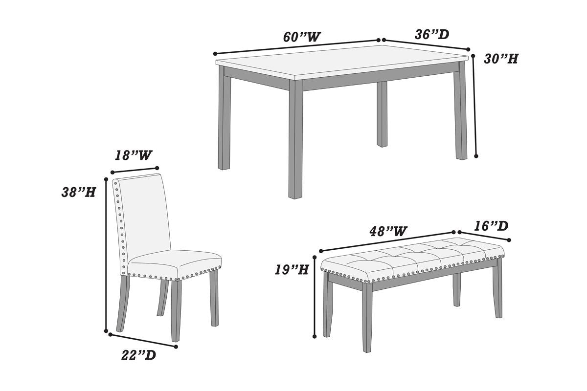 Dining Room Furniture Modern 6Pcs Set Dining Table 4X Side Chairs And A Bench Ash Black Polyfiber Rubberwood Nailheads Faux Marble Top Brown Wood Dining Room Bench Seating Rubberwood Rectangular Dining Table With Chair And Bench Wood Wood Multi Seats 6