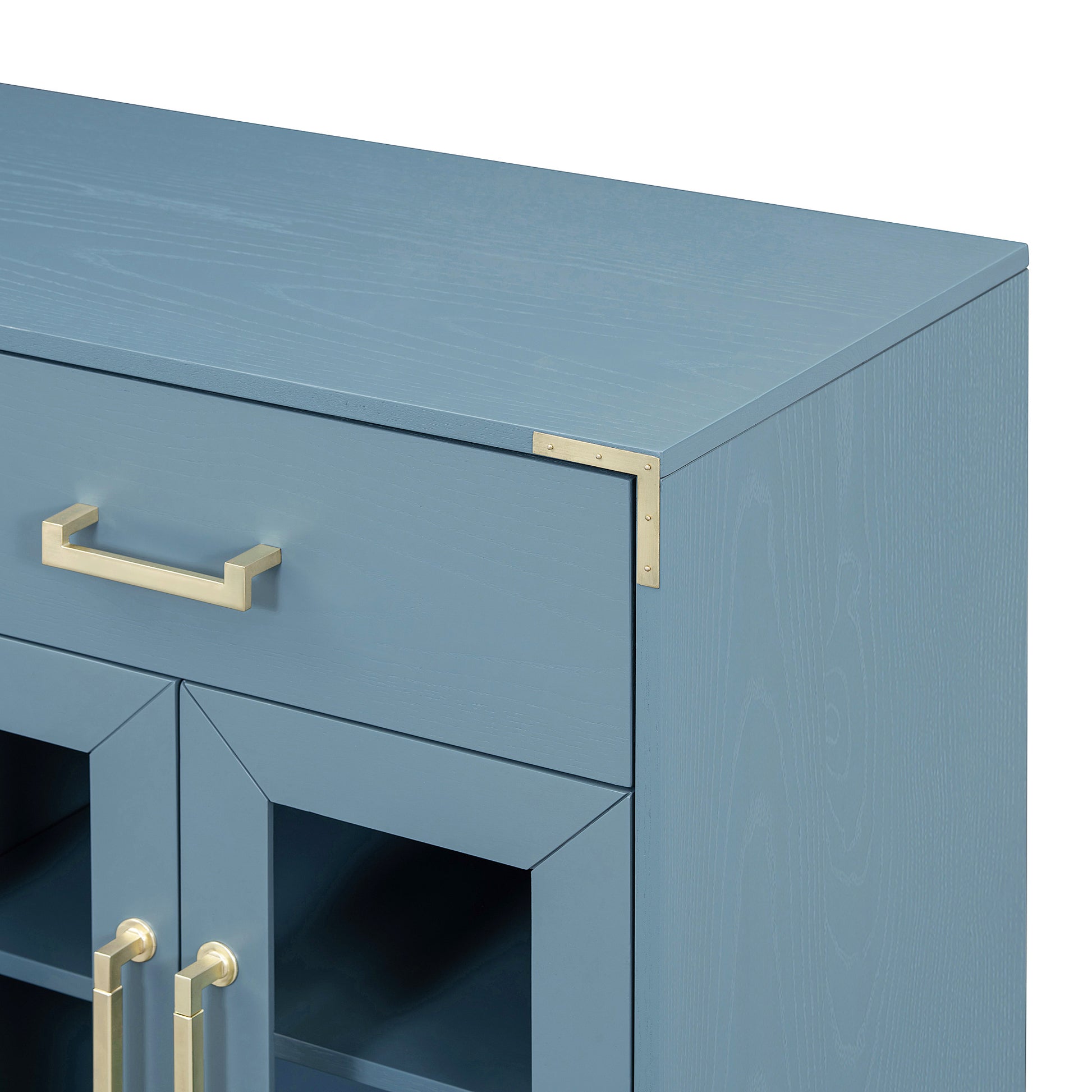 6 Drawer And 2 Cabinet Retro Sideboard With Extra Large Storage Space, With Gold Handles And Solid Wood Legs, For Kitchen And Living Room Antique Blue Antique Blue Solid Wood Mdf