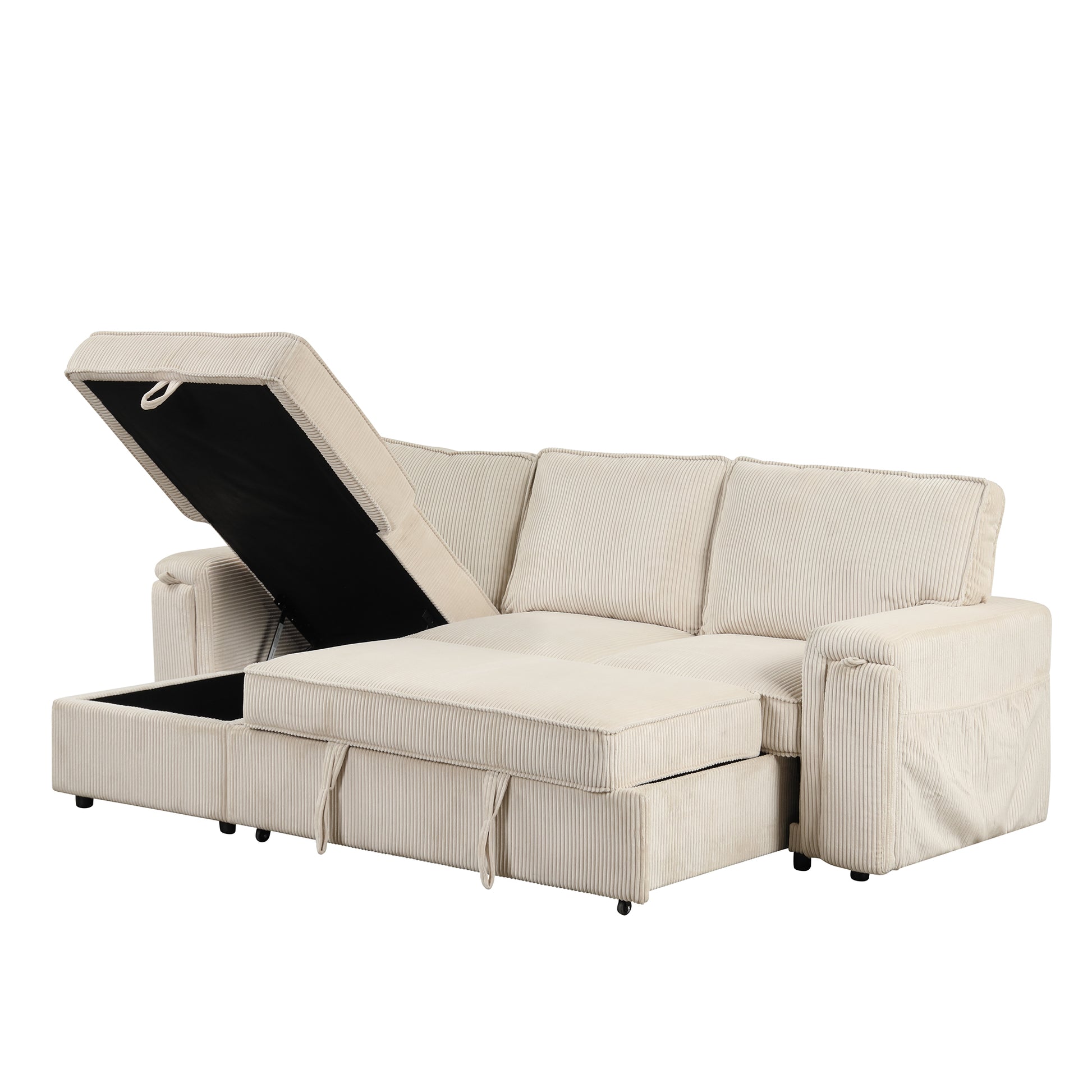 Upholstery Sleeper Sectional Sofa With Storage Bags And 2 Cup Holders On Arms Beige Wood Cushion Back Square Arms Polyester 3 Seat