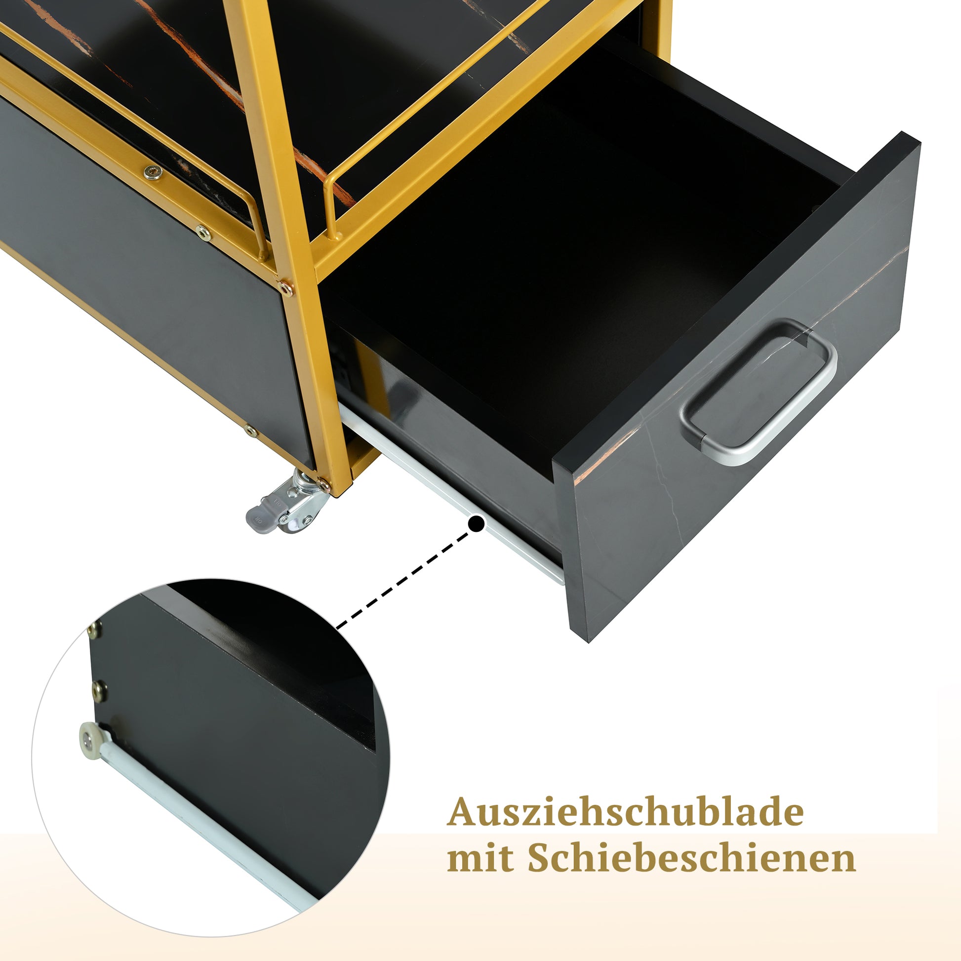 Beauty Salon Storage Trolley Cart,With Lockable Rolling Wheels,Metal Frame Marbled Board,Drawer Barber Salon Furniture,Black Gold Black Modern Mdf Mdf Metal