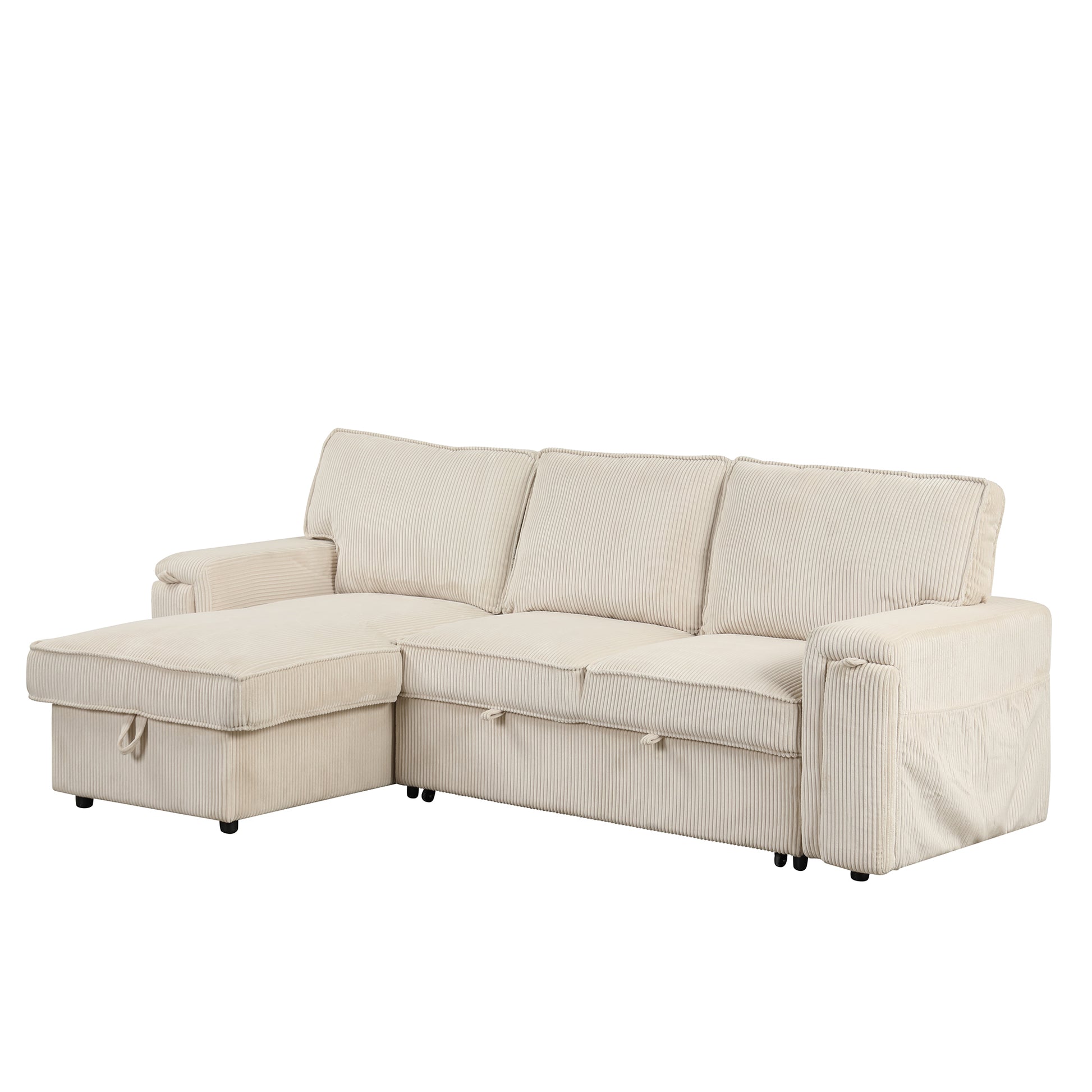 Upholstery Sleeper Sectional Sofa With Storage Bags And 2 Cup Holders On Arms Beige Wood Cushion Back Square Arms Polyester 3 Seat
