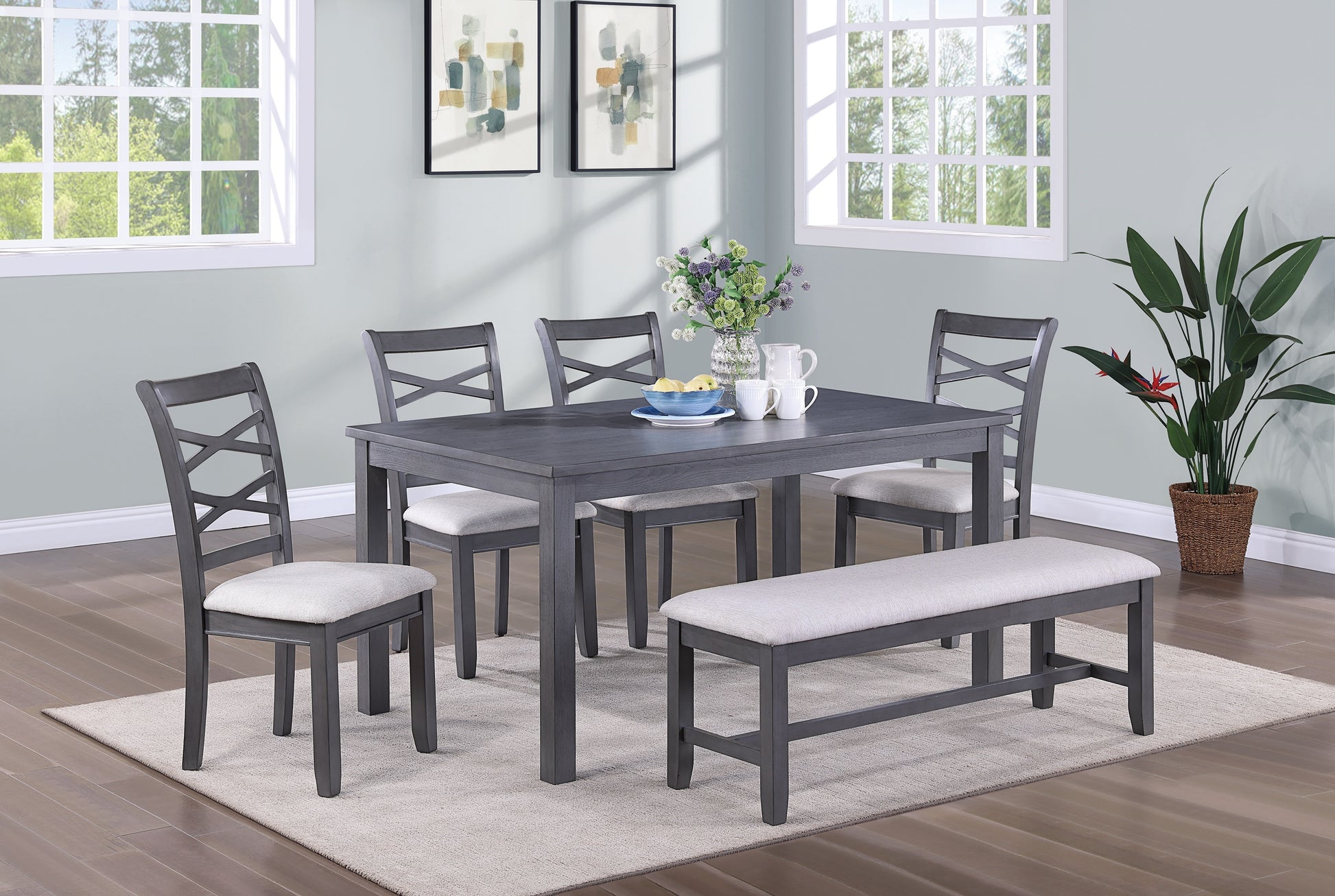 Dining Room Furniture Modern 6Pcs Set Dining Table 4X Side Chairs And A Bench Rubberwood Unique Design Back Chair Wooden Top Gray Wood Dining Room Bench Seating Birch Rectangular Dining Table With Chair And Bench Wood Wood Grey Mix Seats 6 60 Inches