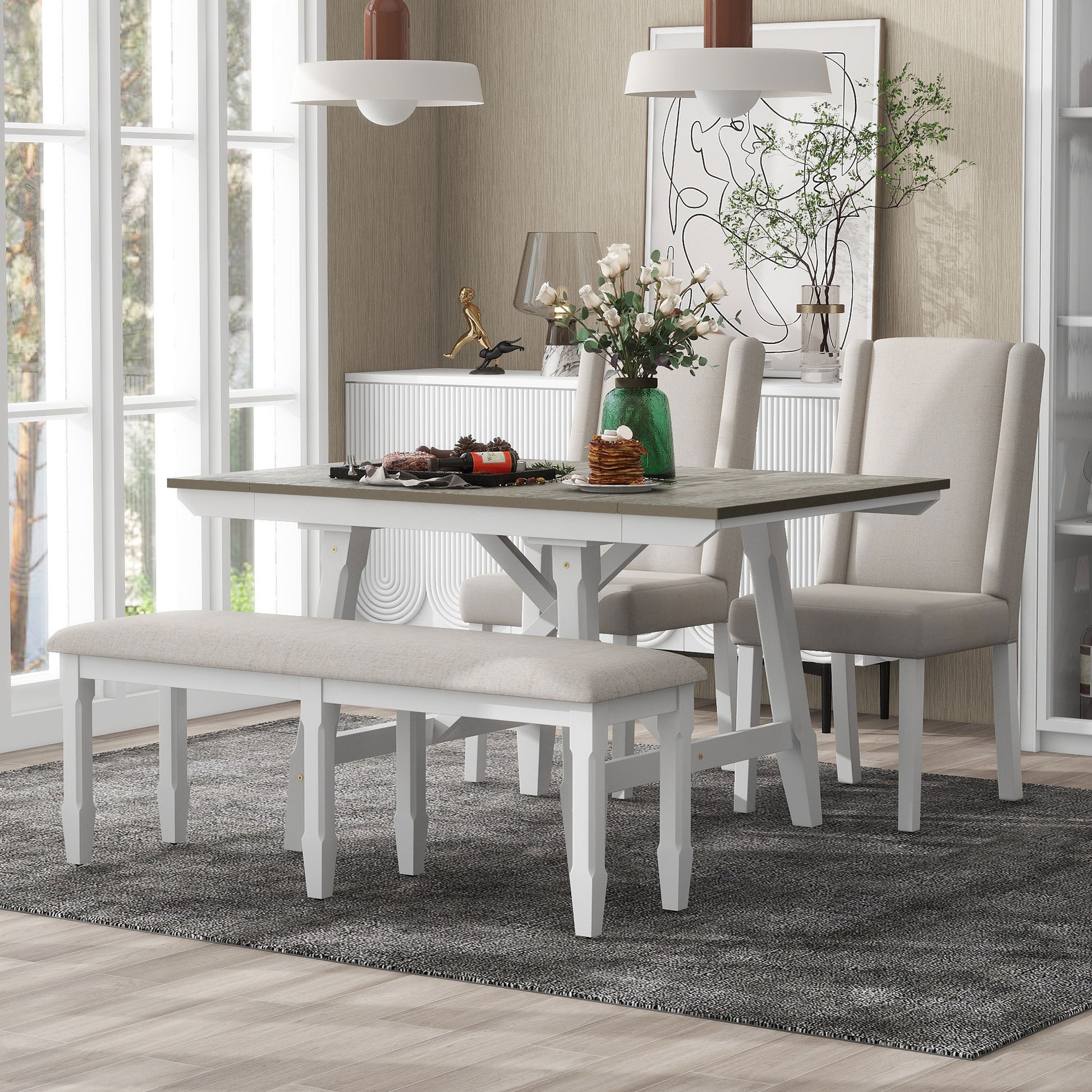 6 Piece Classic Dining Table Set, Rectangular Extendable Dining Table With Two 12"W Removable Leaves And 4 Upholstered Chairs & 1 Bench For Dining Room Brown White Brown White Solid Wood