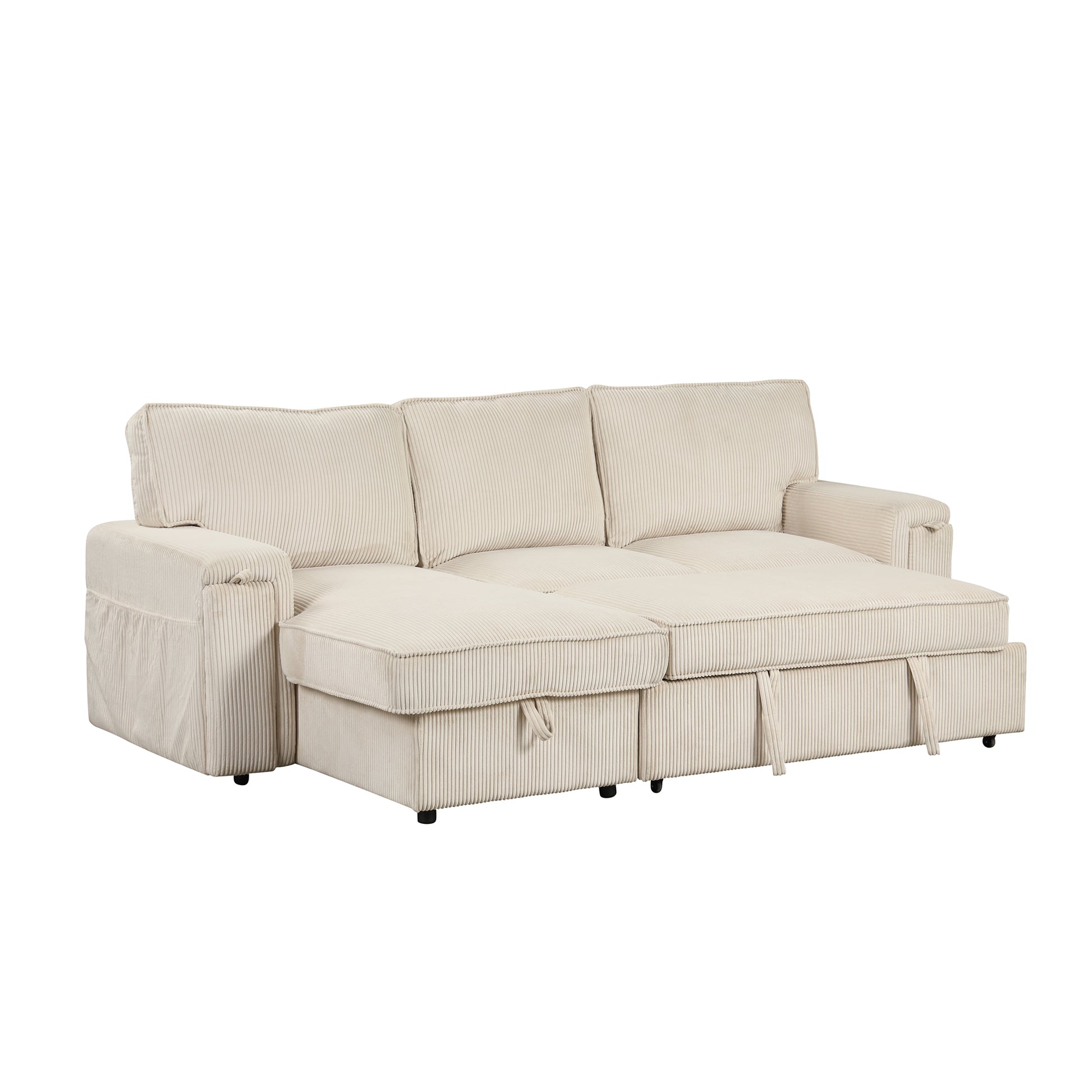Upholstery Sleeper Sectional Sofa With Storage Bags And 2 Cup Holders On Arms Beige Wood Cushion Back Square Arms Polyester 3 Seat