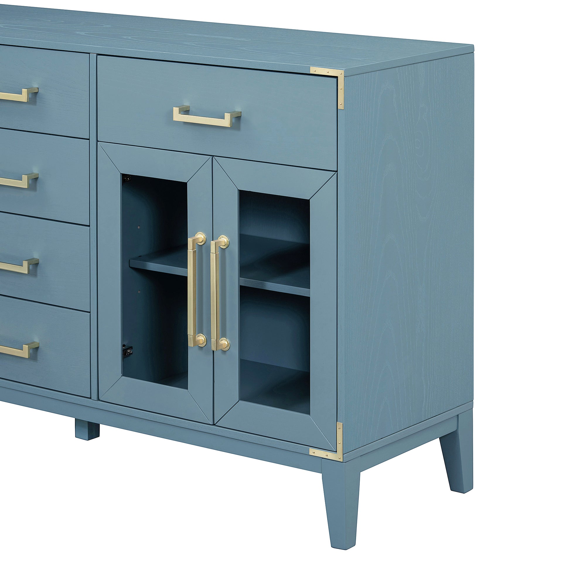 6 Drawer And 2 Cabinet Retro Sideboard With Extra Large Storage Space, With Gold Handles And Solid Wood Legs, For Kitchen And Living Room Antique Blue Antique Blue Solid Wood Mdf