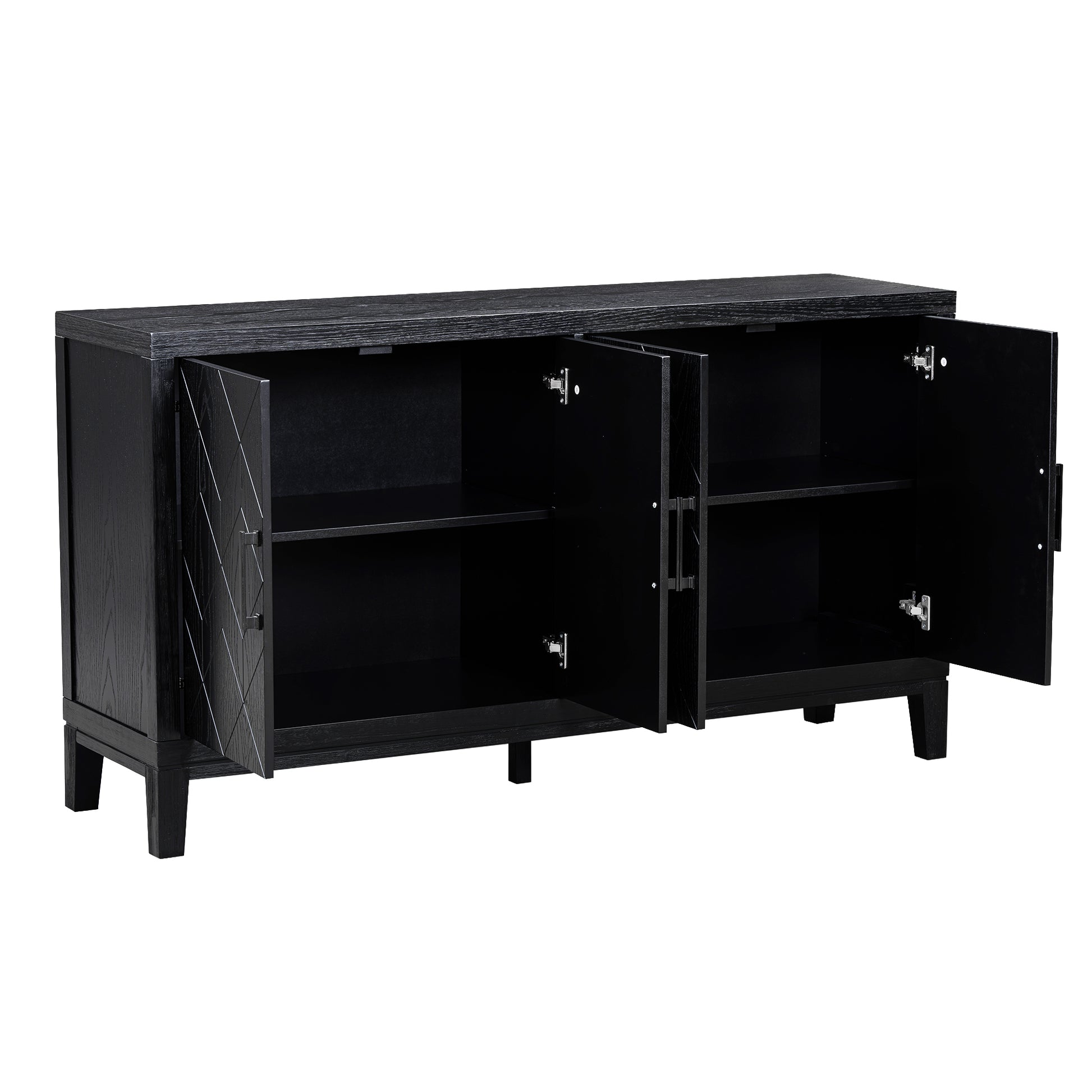 4 Door Retro Sideboard With Adjustable Shelves, Two Large Cabinet With Long Handle, For Living Room And Dining Room Black Black Mdf