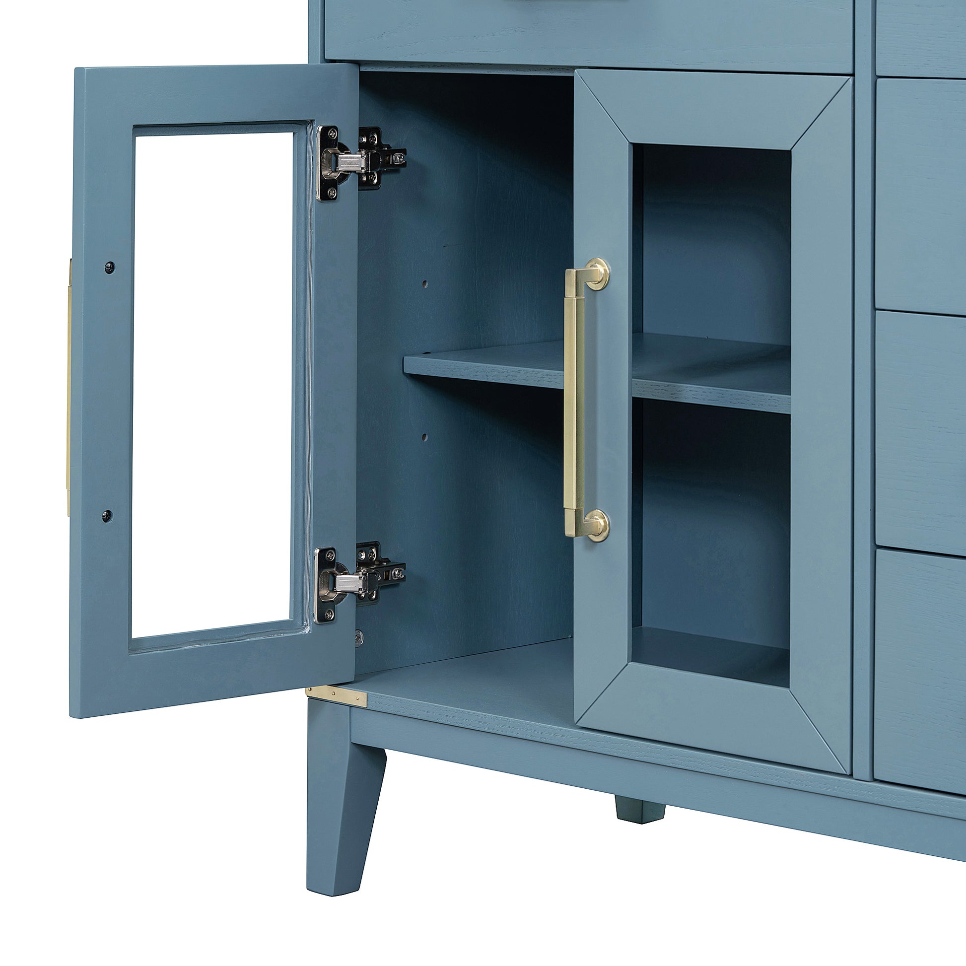 6 Drawer And 2 Cabinet Retro Sideboard With Extra Large Storage Space, With Gold Handles And Solid Wood Legs, For Kitchen And Living Room Antique Blue Antique Blue Solid Wood Mdf