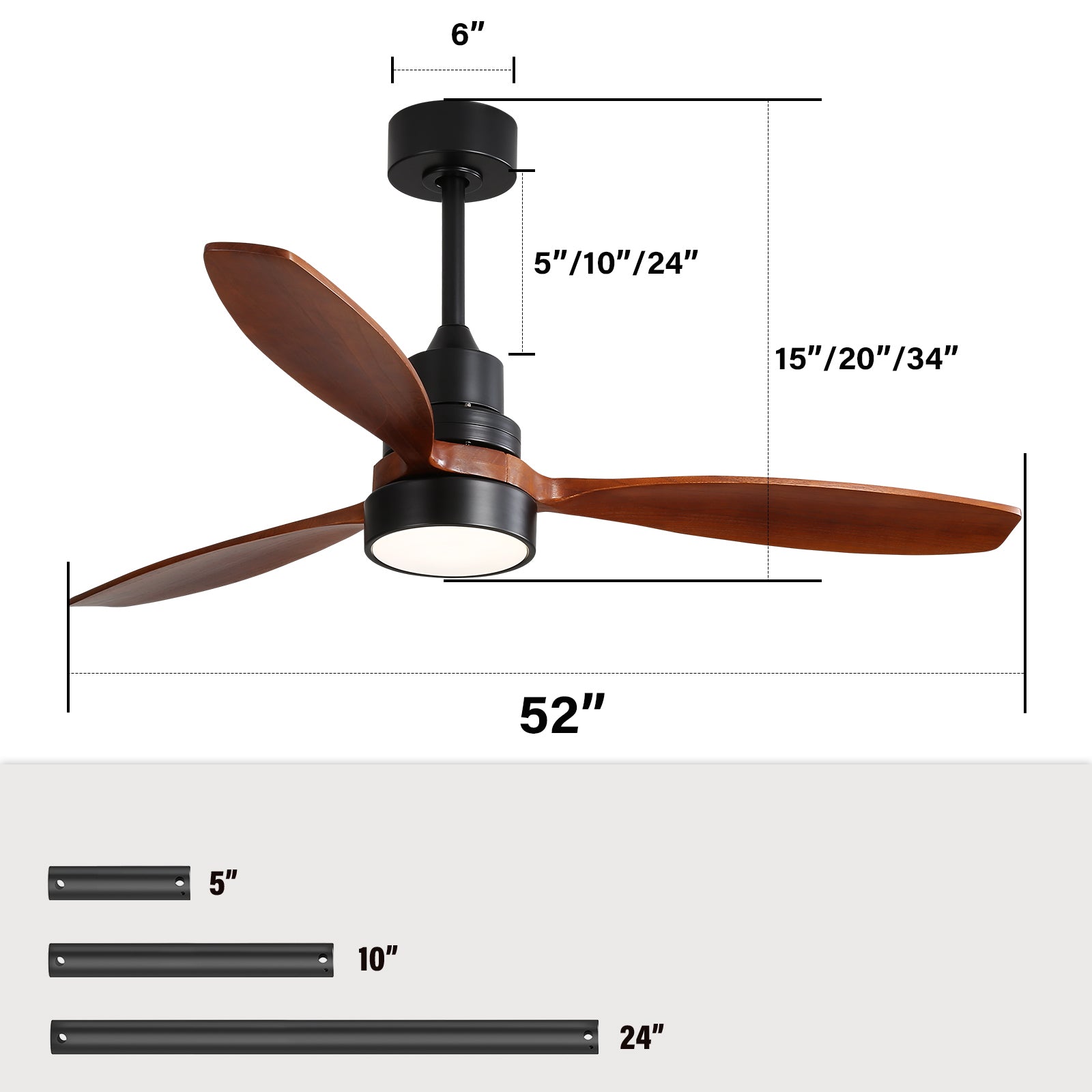 52 Inch Wooden With 3 Solid Wood Blades Remote Control Reversible Dc Motor With Led Light Matte Black Metal & Wood