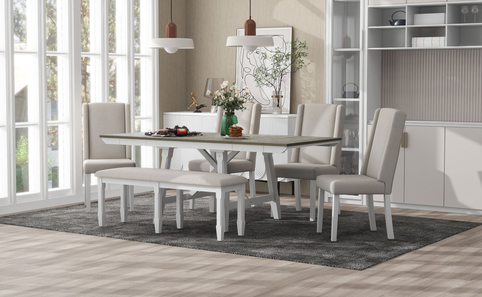 6 Piece Classic Dining Table Set, Rectangular Extendable Dining Table With Two 12"W Removable Leaves And 4 Upholstered Chairs & 1 Bench For Dining Room Brown White Brown White Solid Wood