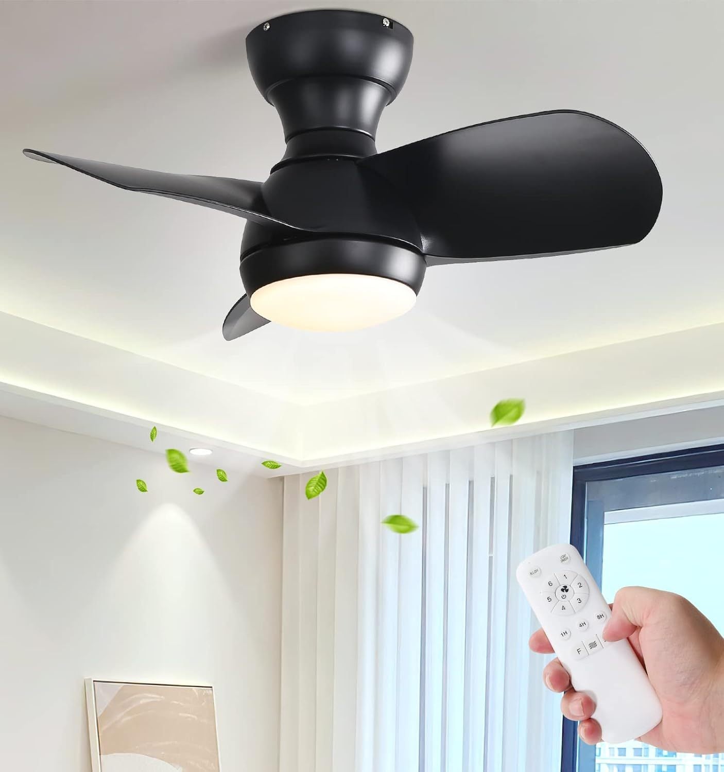 23 Inch Bedroom Ceiling Fan With 3 Color Dimmable 3 black-abs